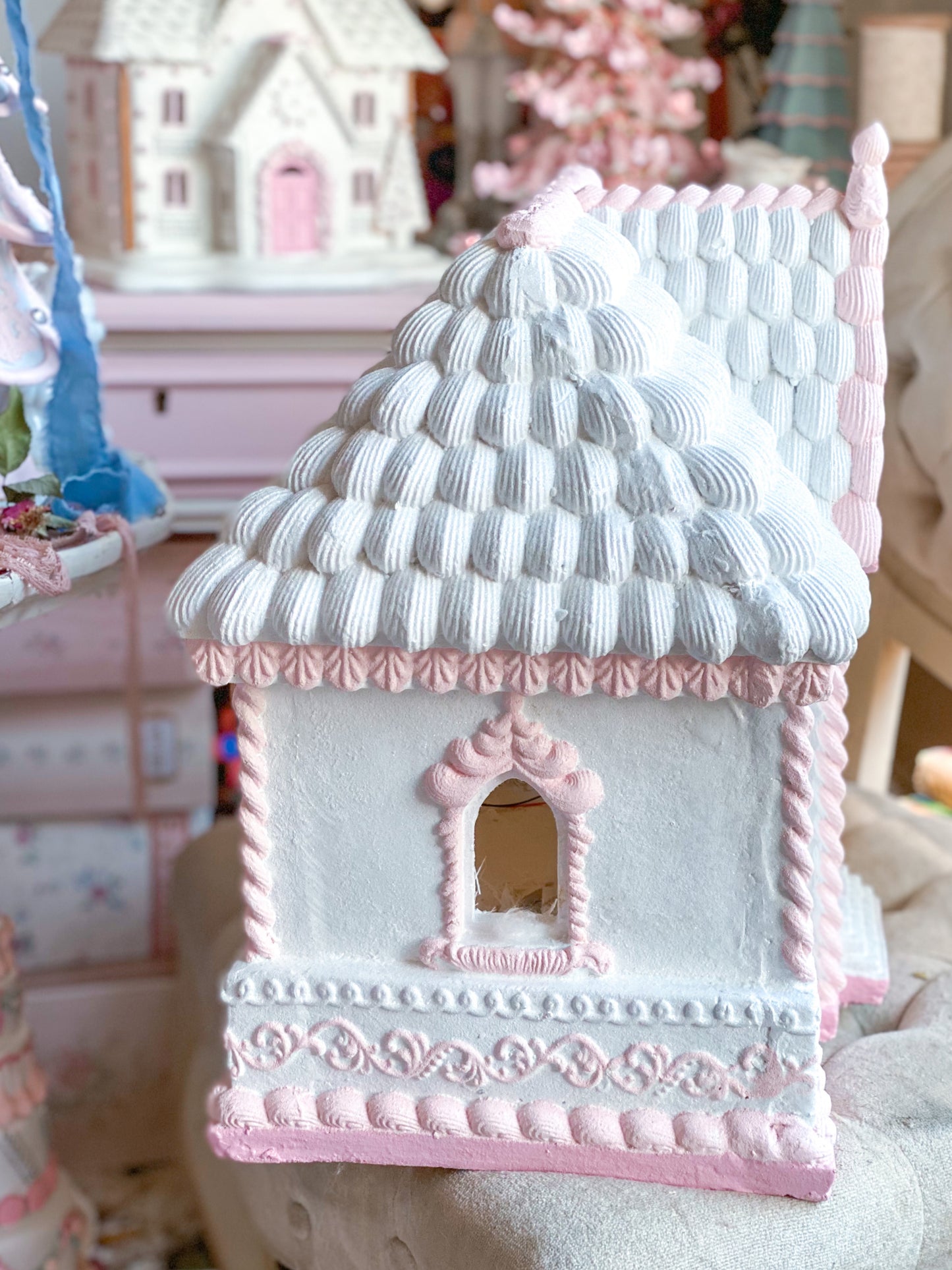 Bespoke Pink and White Hand Painted Large LED Light Up Gingerbread Cookie House