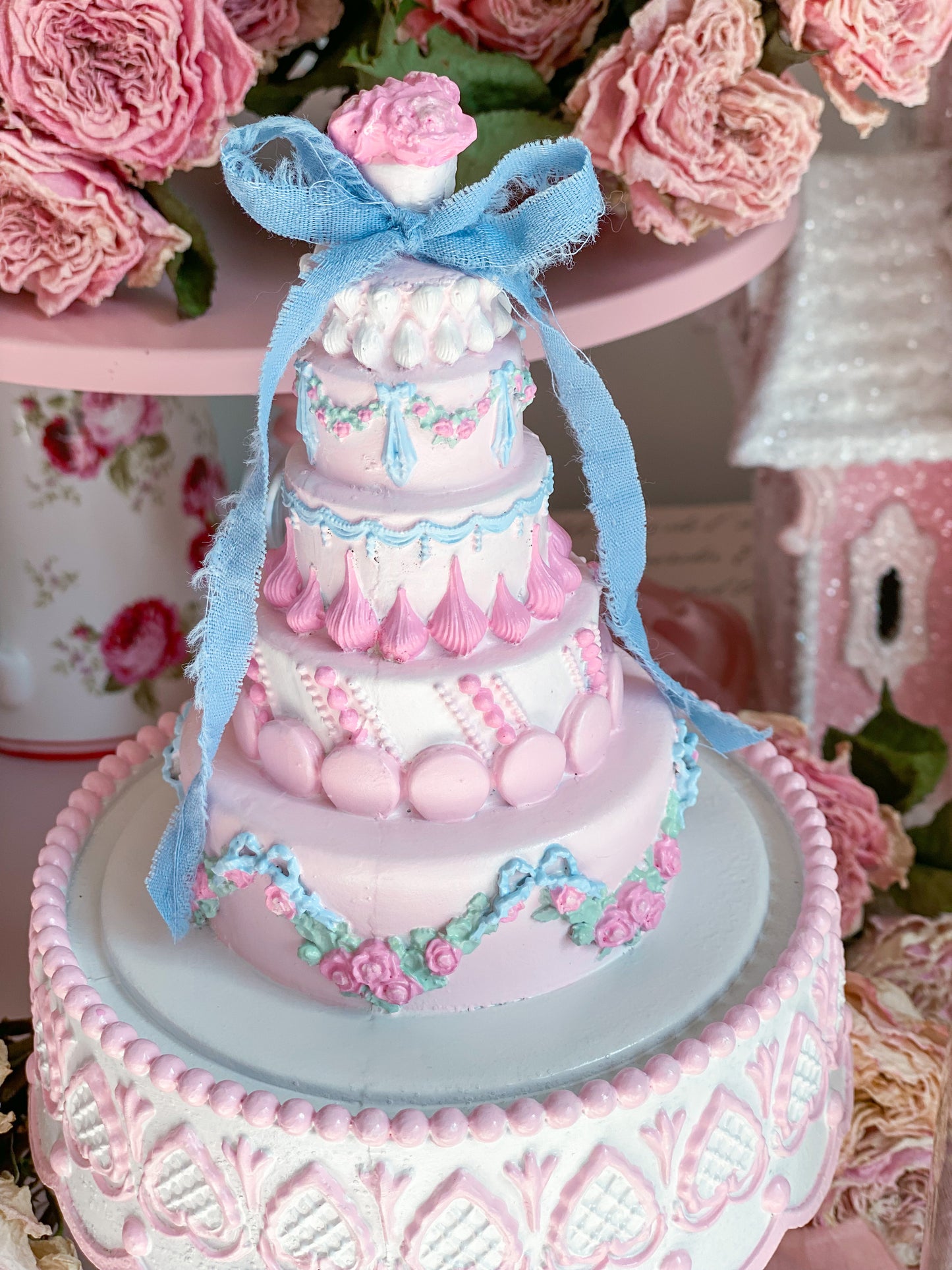 Bespoke Hand Painted Pastel Pink, Blue, Mint Green Spring Easter Cake with Cloche