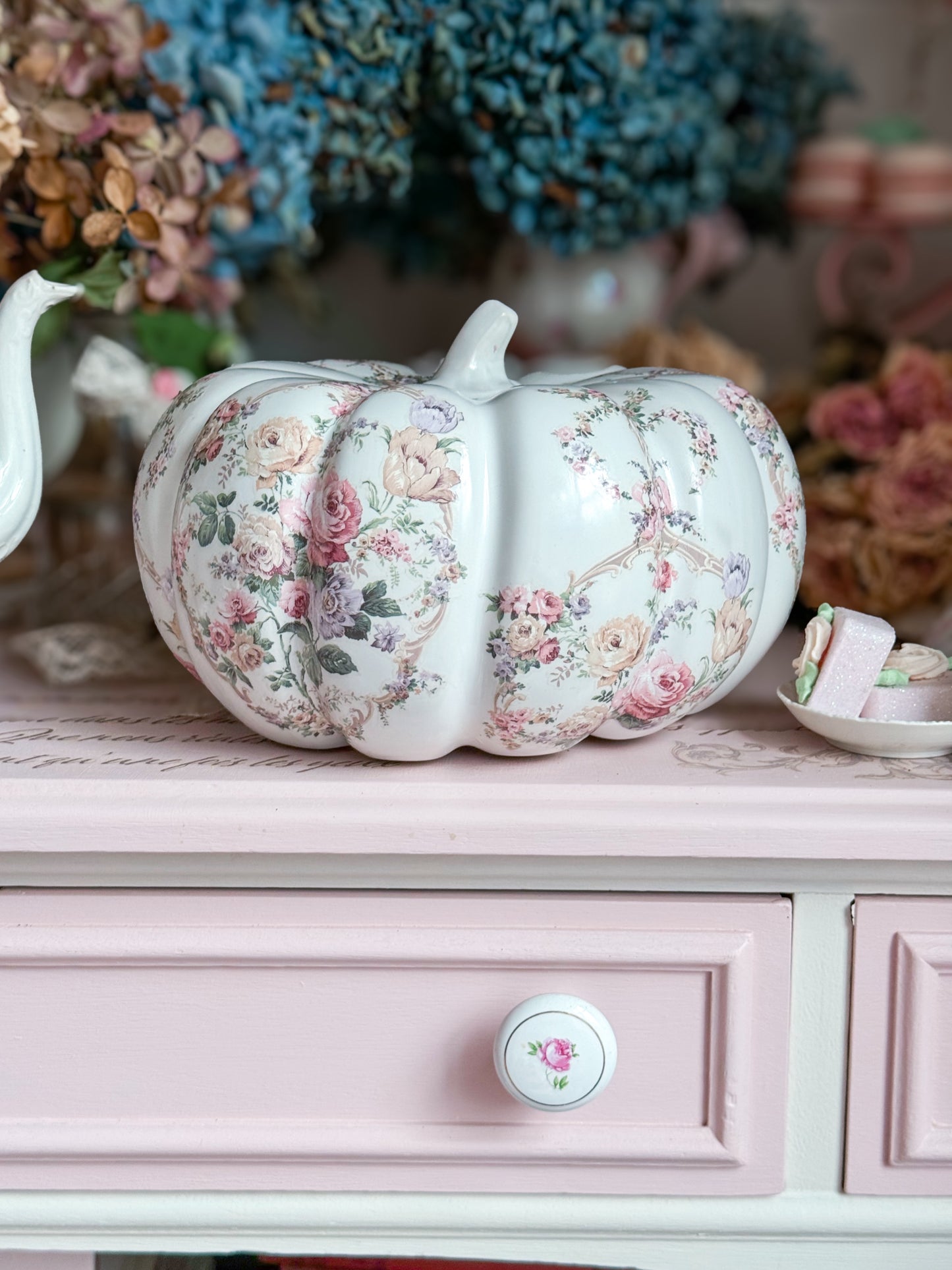 Bespoke Shabby Chic White Floral Ceramic Pumpkin + Custom Blue Paint