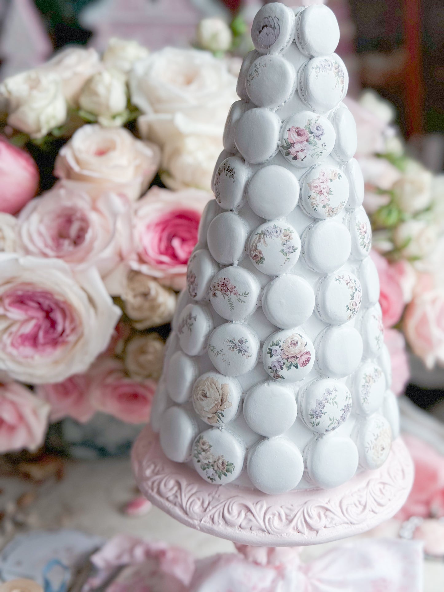 Bespoke Hand Painted Pastel Pink and White Shabby Chic Floral Macaron Tree