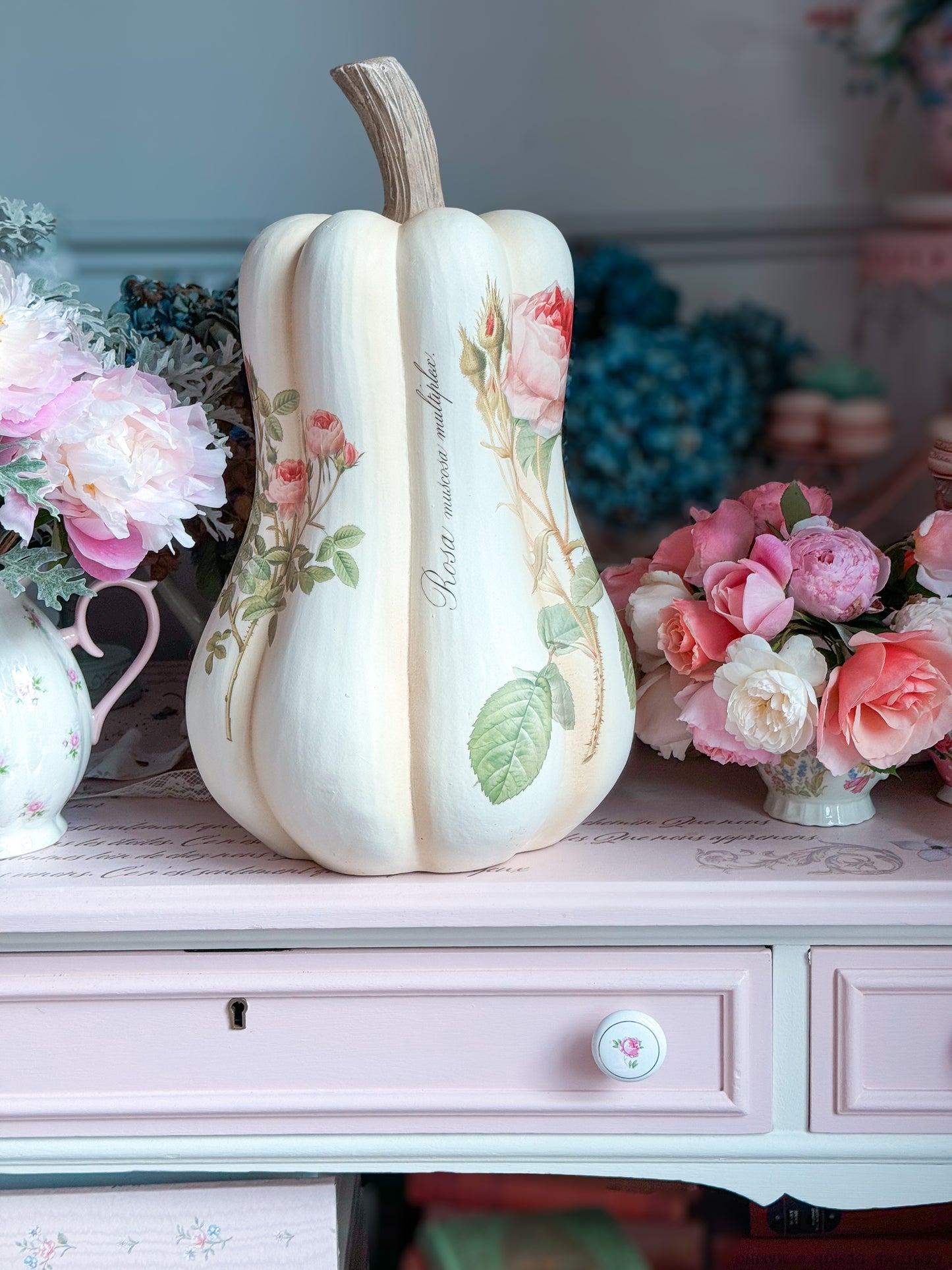 PRE-ORDER: Bespoke Redoute Roses Autumn Pumpkin Gourd with all Pink Roses