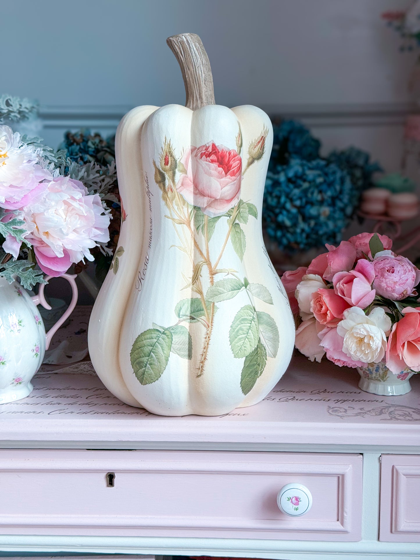 PRE-ORDER: Bespoke Redoute Roses Autumn Pumpkin Gourd with all Pink Roses