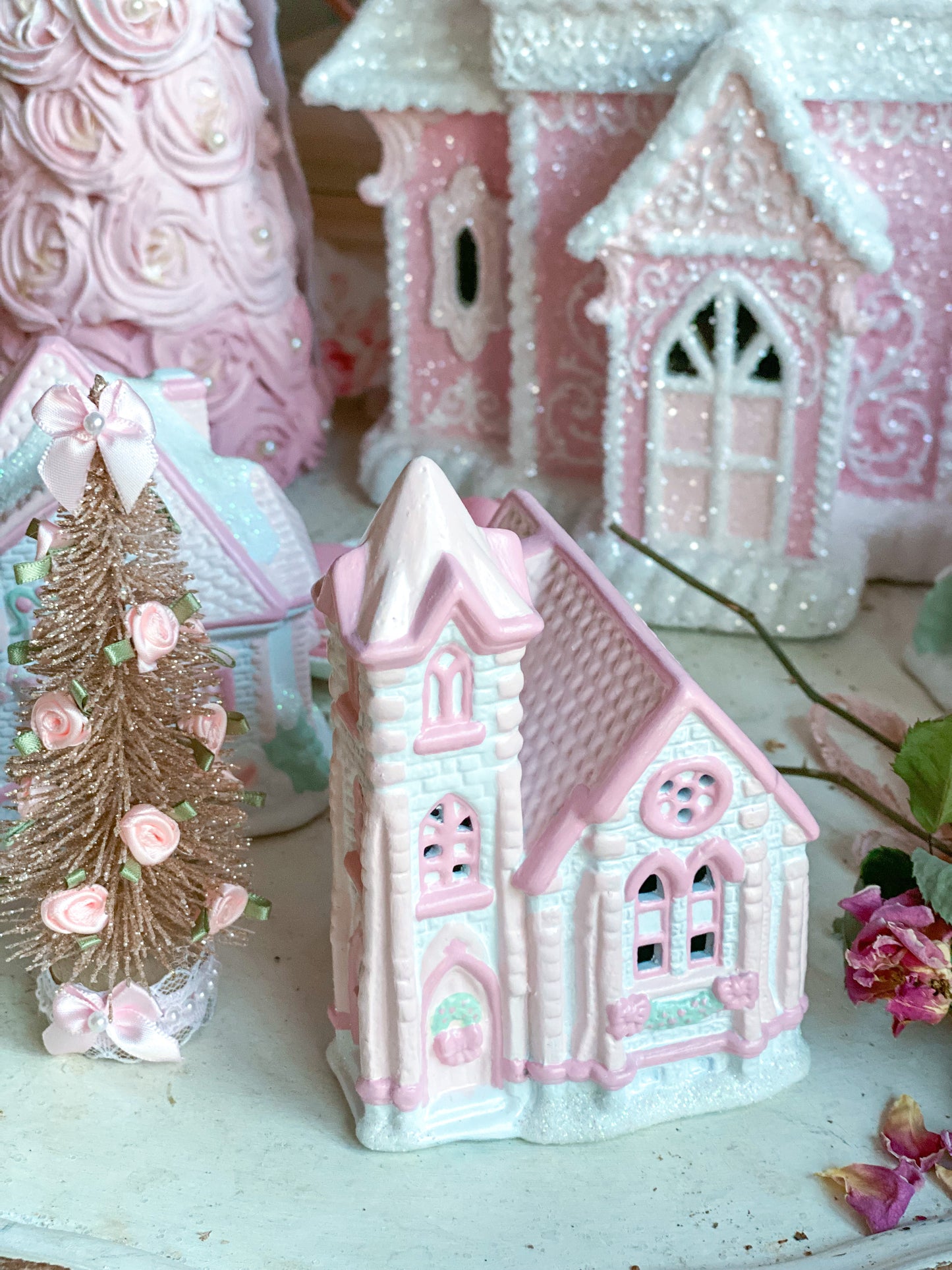 Bespoke Hand Painted Pastel Pink and White Christmas Village Petite Hope Community Church