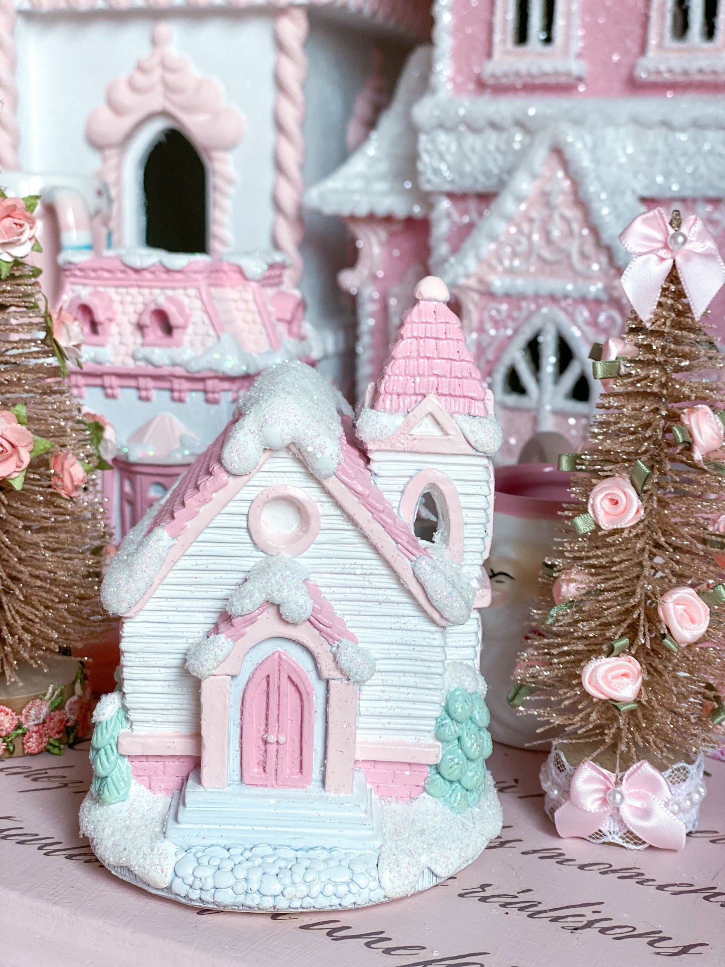 Bespoke Pastel Pink and White Petite Christmas Village Rural Church