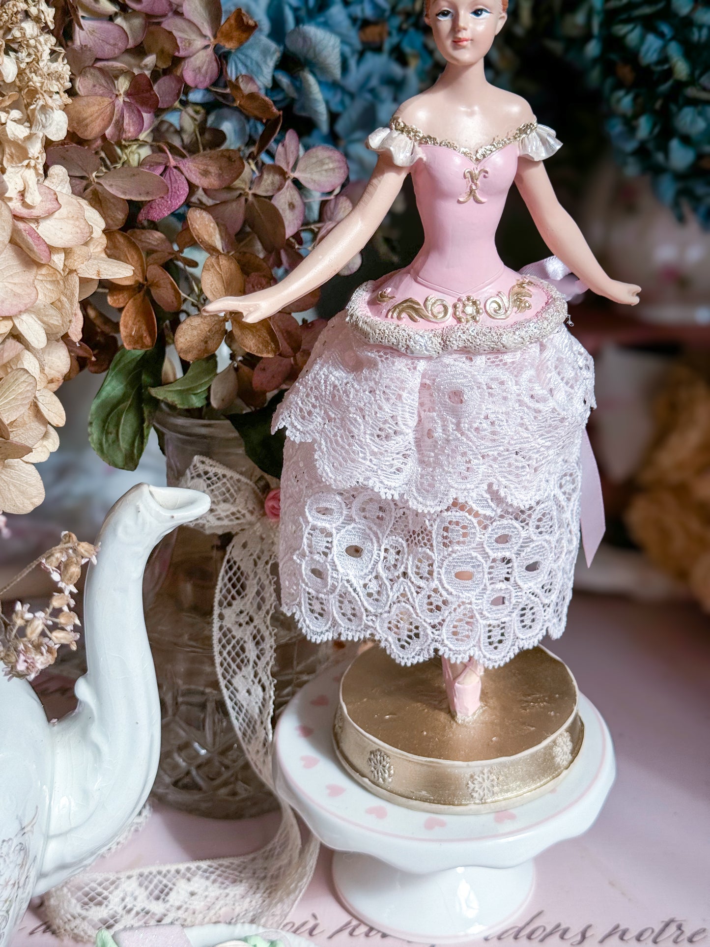 Bespoke Pink Ballerina Figurine with Handmade Tutu made of Luxurious Blush Lace