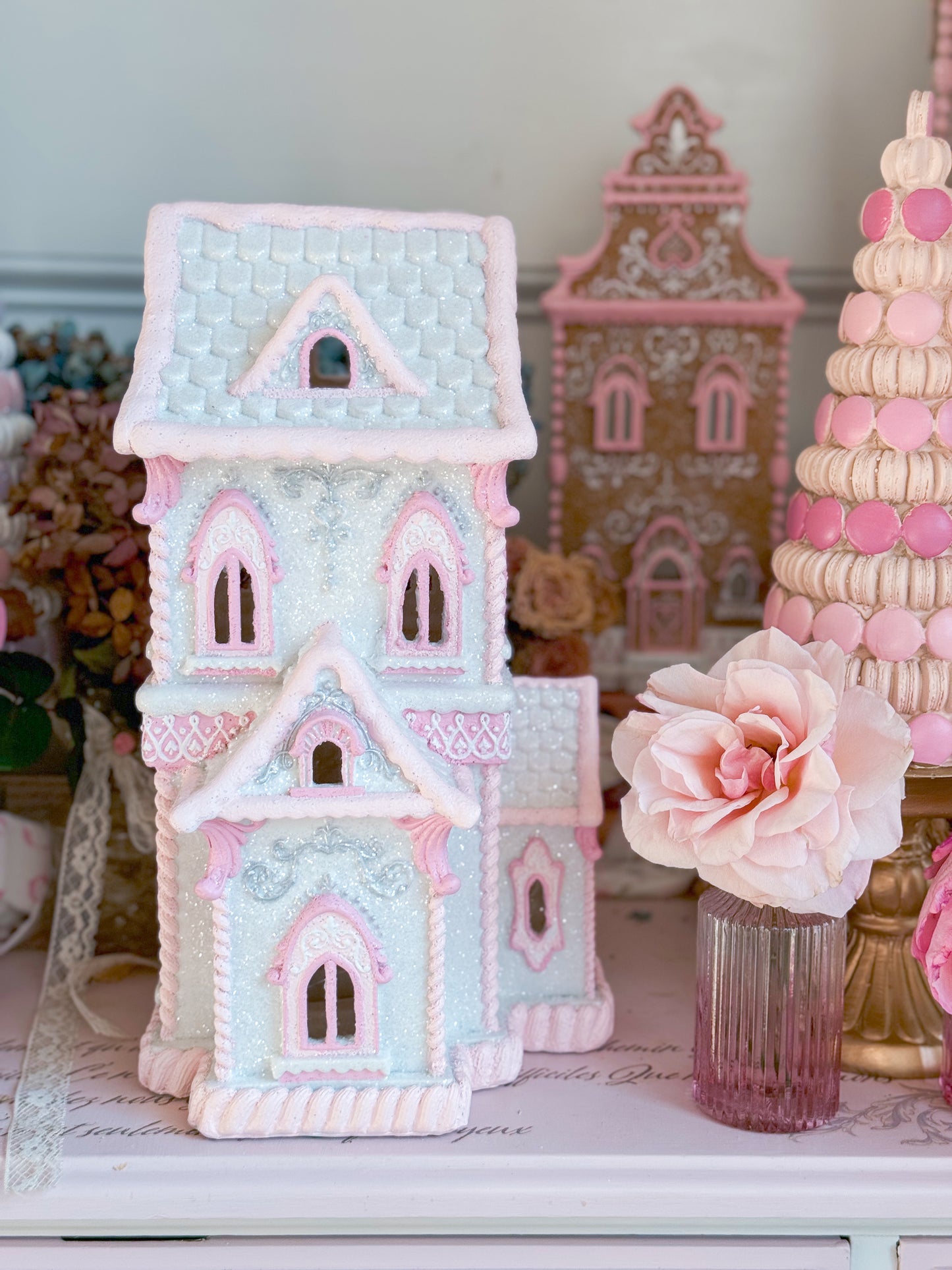 GLOW-UP COMMISSION: Bespoke Pastel Pink and White Hand Painted Two-Story Victorian Gingerbread House