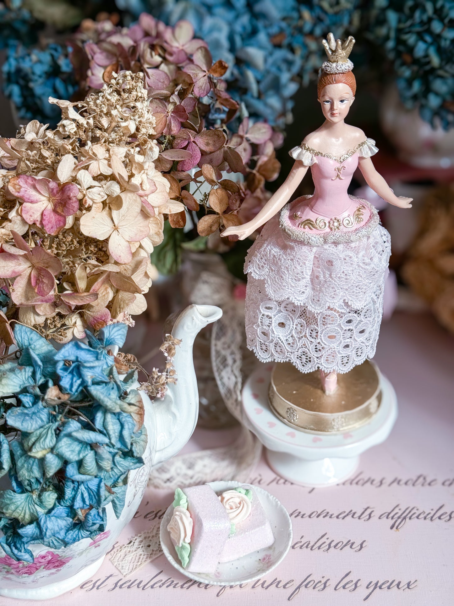 Bespoke Pink Ballerina Figurine with Handmade Tutu made of Luxurious Blush Lace