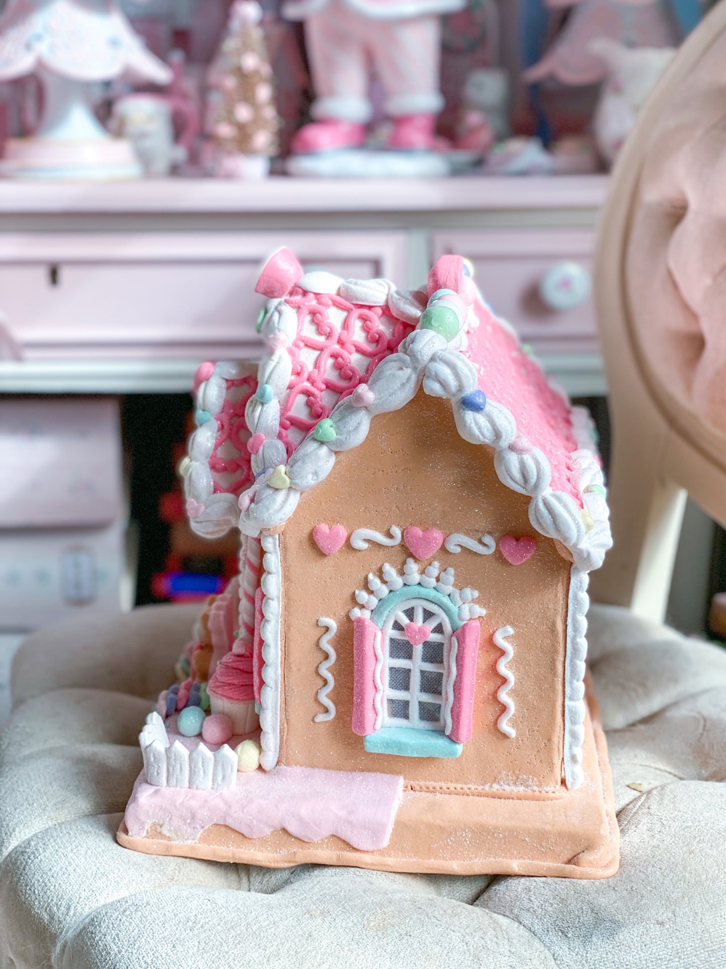 Pastel Pink and Purple Valentine’s Day LED Light Up Gingerbread House
