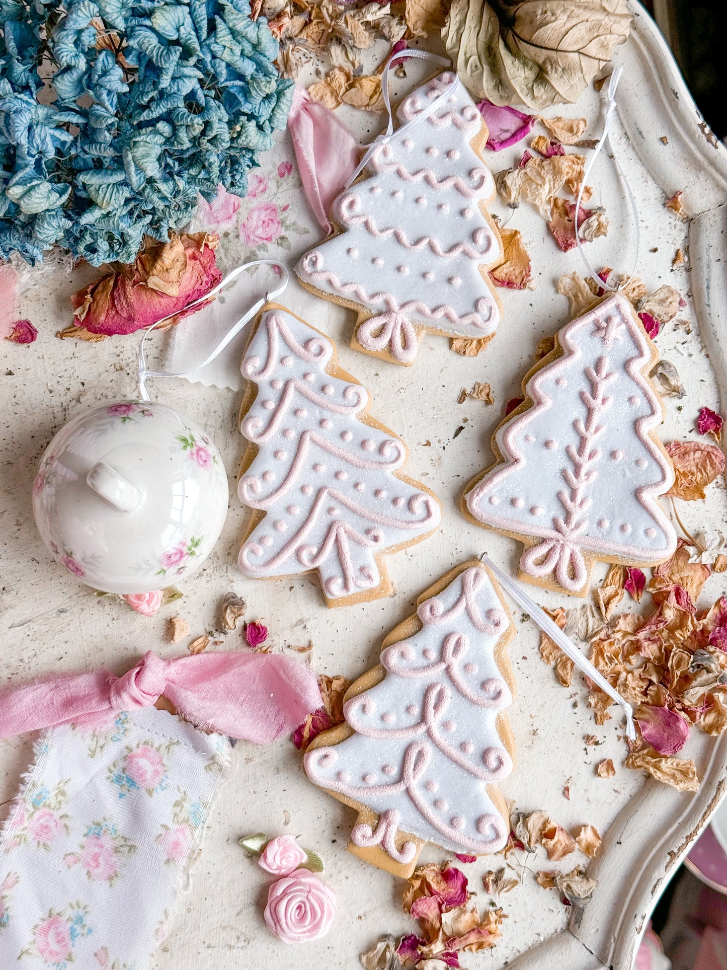 Bespoke Hand Painted Gingerbread Cookie Christmas Tree Ornaments with Pastel Pink Icing