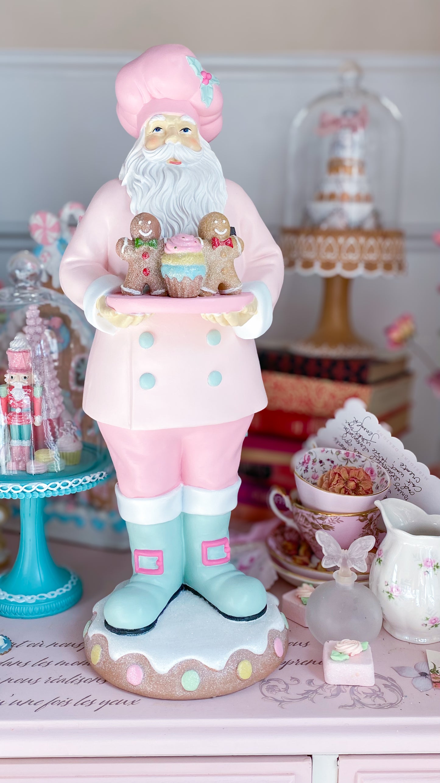 GLOW-UP COMMISSION: Hand Painted Pastel Pink and Mint Green Baking Santa with Gingerbread Men