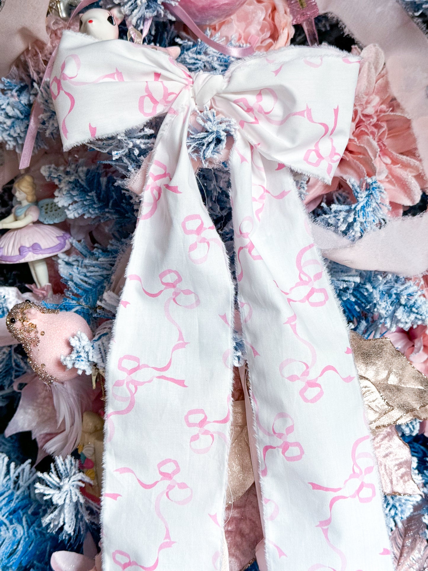 Bespoke Large Christmas Tree Bow Ornaments Made of Pink & White Hand Torn Ribbon with Bow Motif