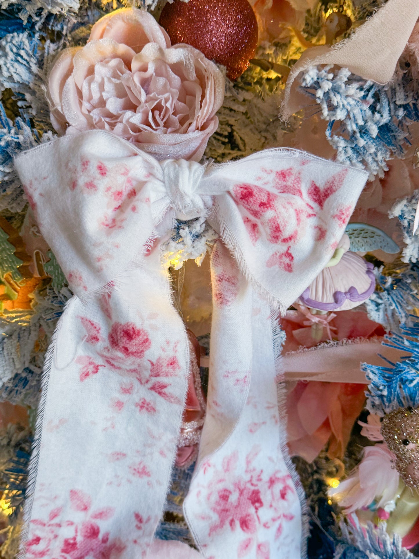 Bespoke Large Christmas Tree Bow Ornaments Made of Blush Pink & White Hand Torn Floral Ribbon