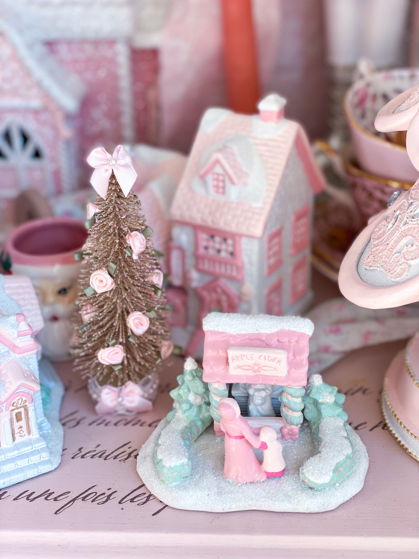 Bespoke Pastel Pink and White Petite Christmas Village Apple Cider Stand