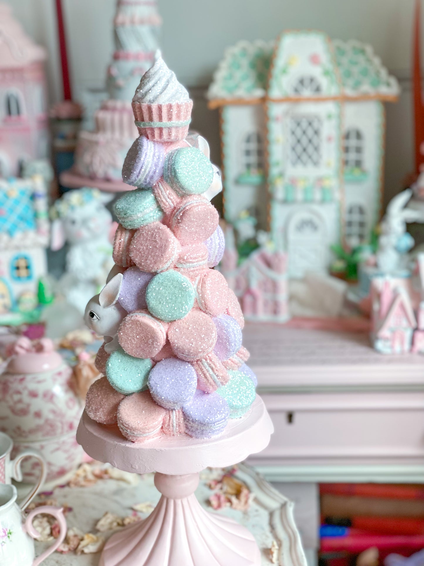 Bespoke Pastel Pink, Purple & Mint Green Bunny Macaron Tower on Blush Pink Pedestal Base