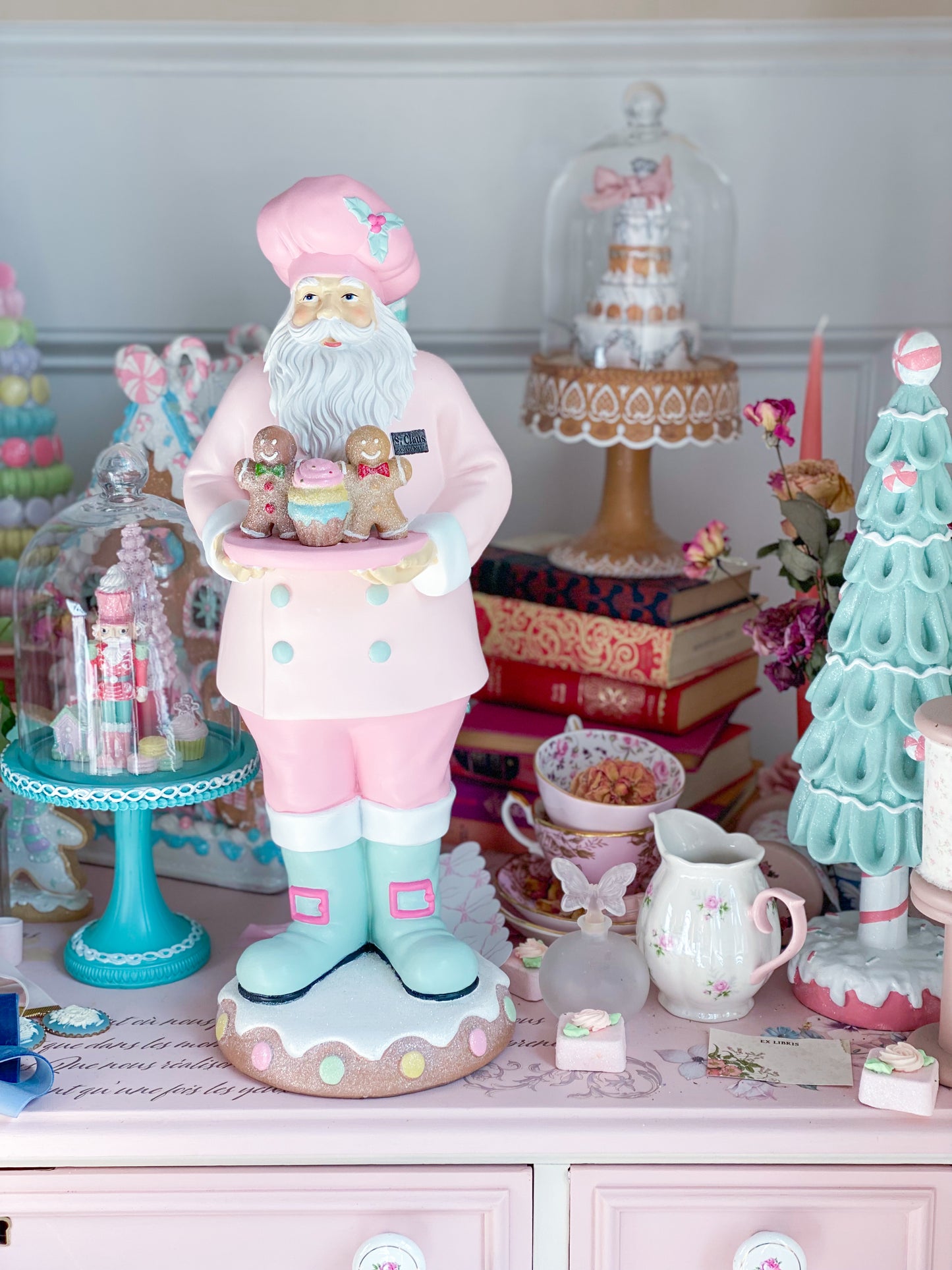 GLOW-UP COMMISSION: Hand Painted Pastel Pink and Mint Green Baking Santa with Gingerbread Men