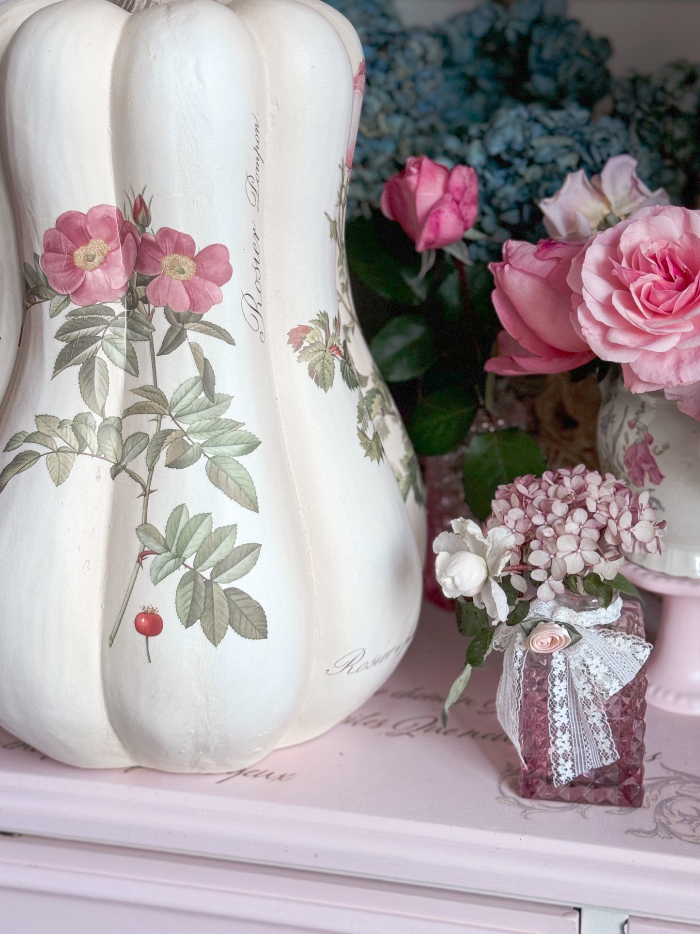 Bespoke Redoute Roses Pink and Cream Autumn Gourd Pumpkin