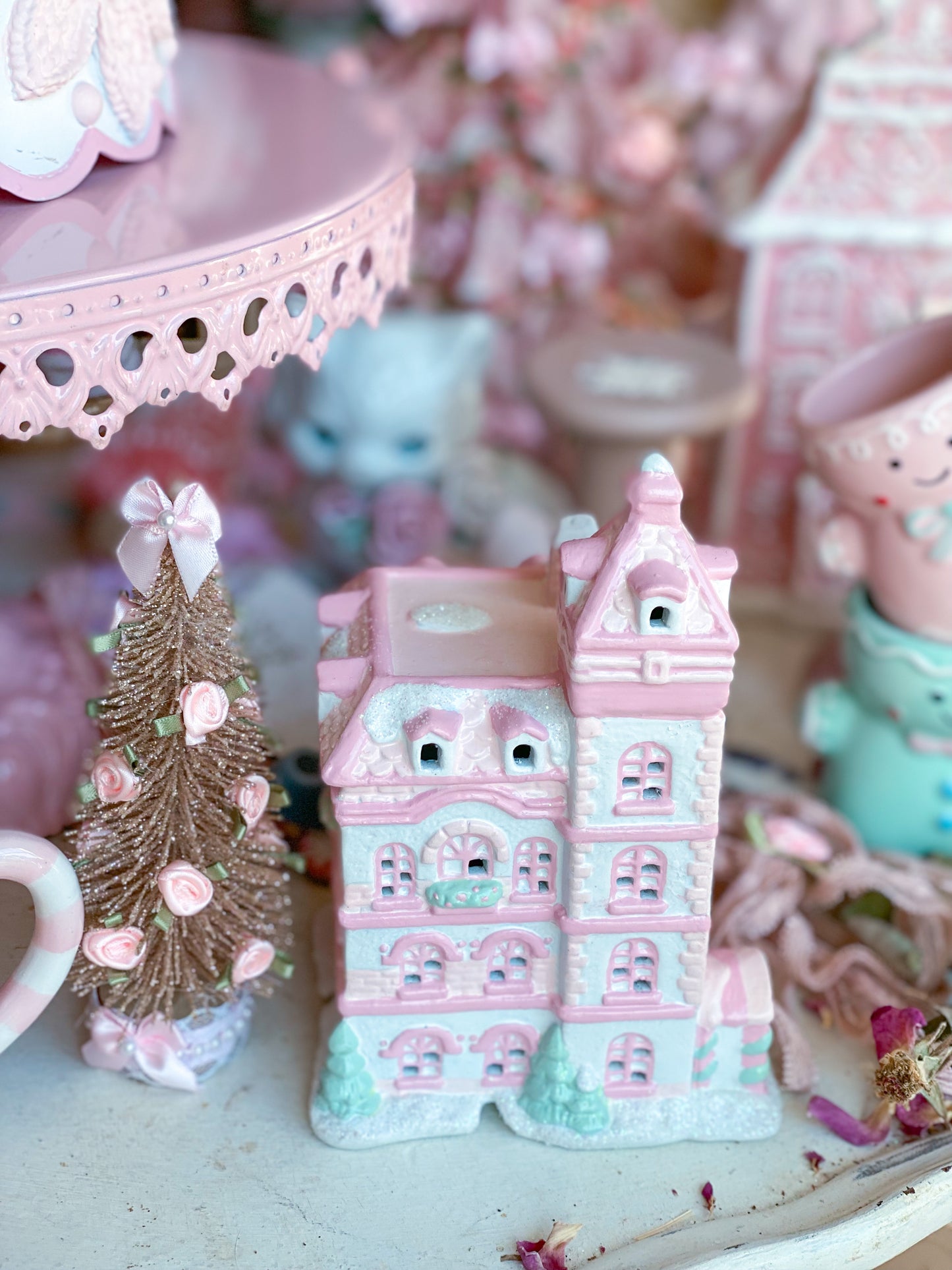 Bespoke Pastel Pink and White Petite Christmas Village Ritz Hotel