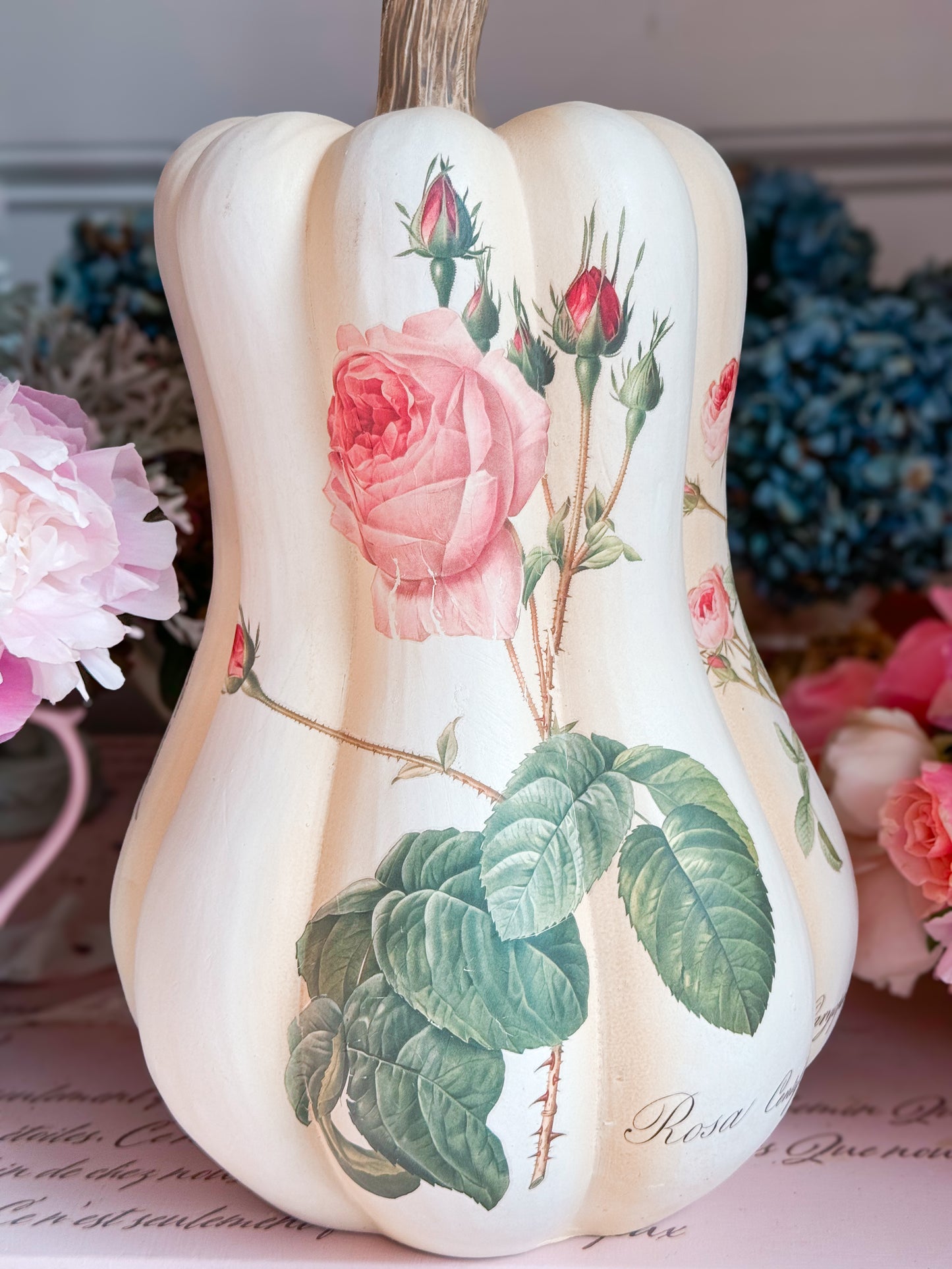 PRE-ORDER: Bespoke Redoute Roses Autumn Pumpkin Gourd with all Pink Roses