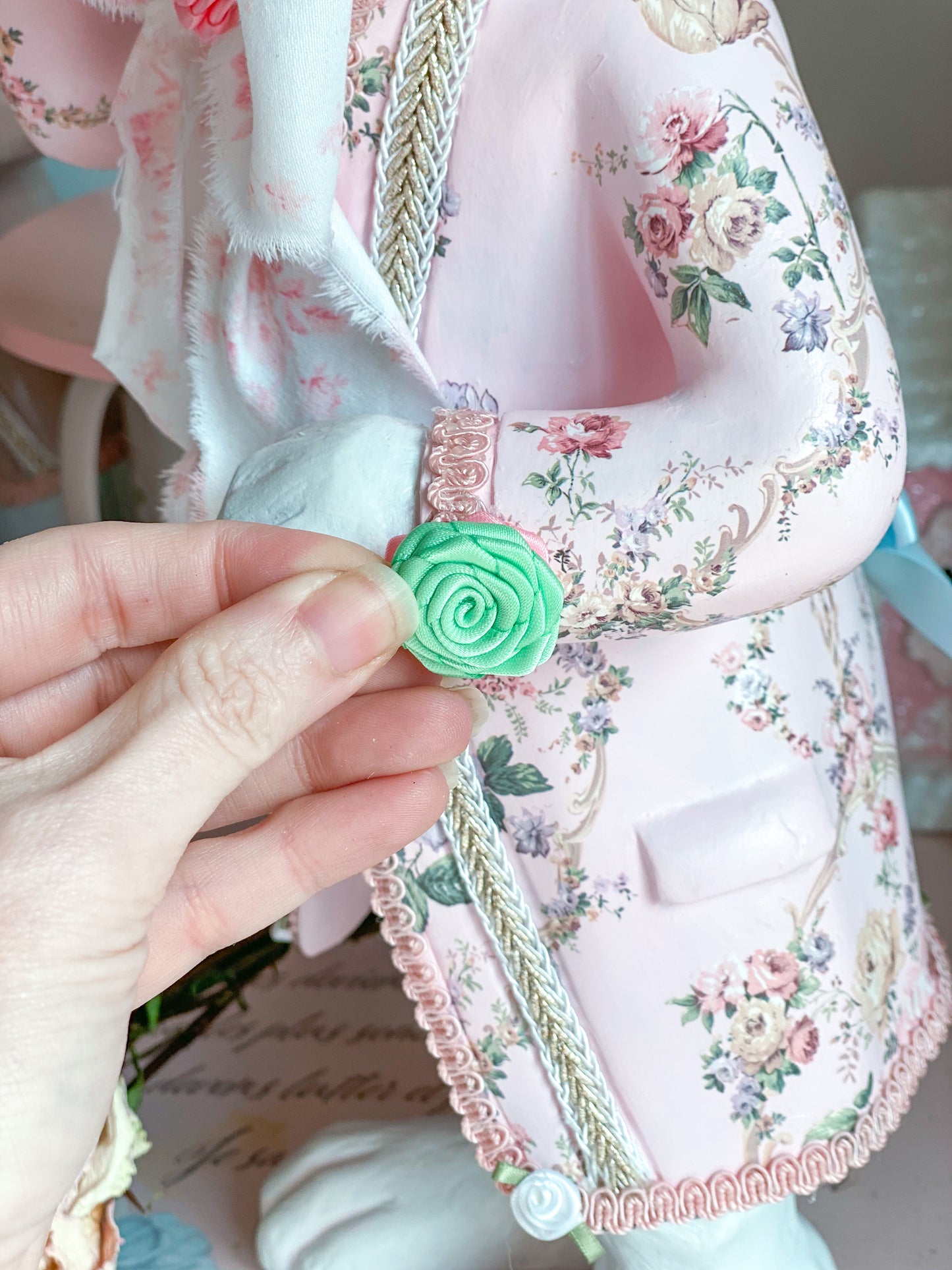 Bespoke Pastel Pink Rococo French Dandy Bunny with Brocade Style Jacket