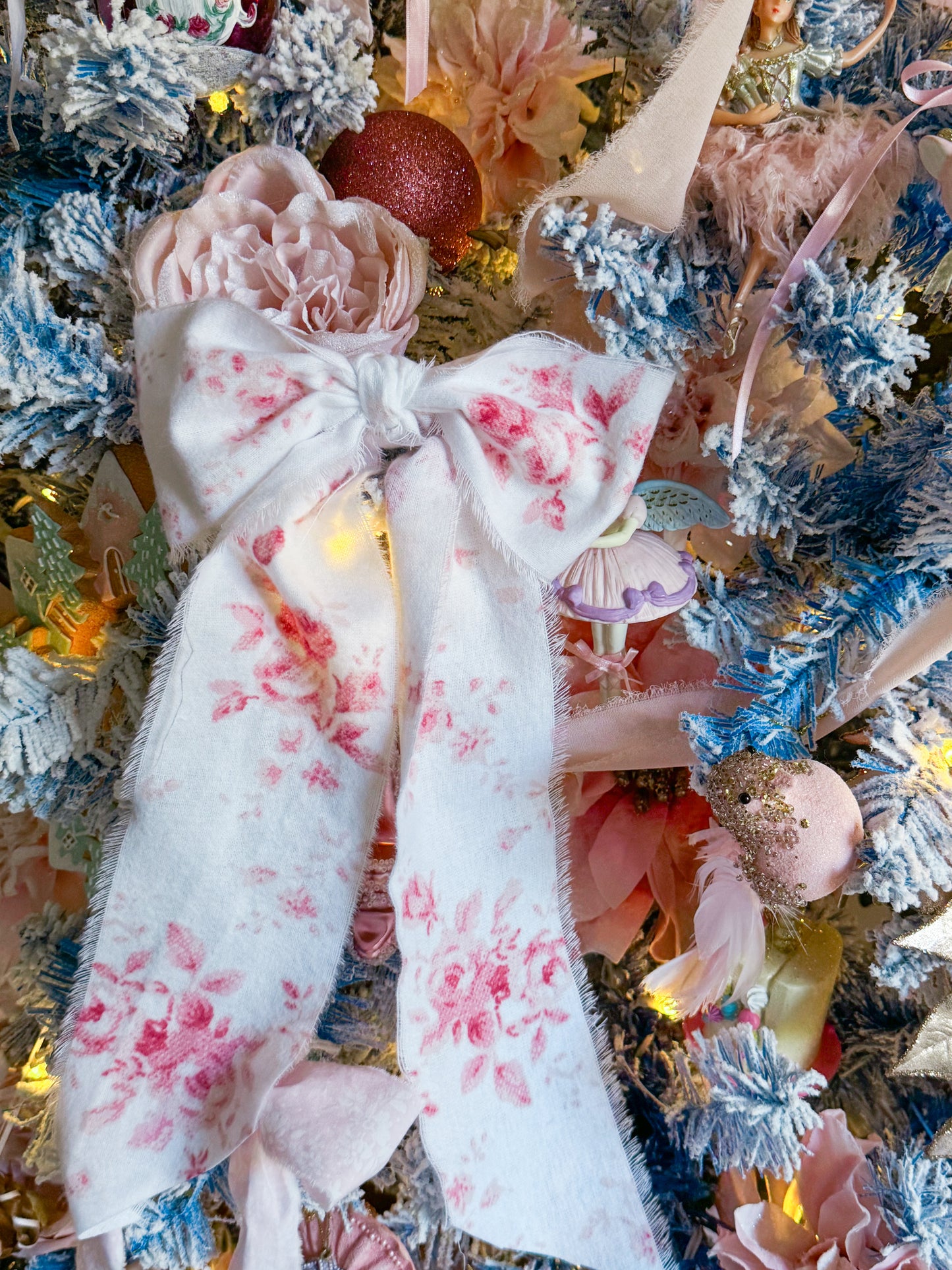 Bespoke Large Christmas Tree Bow Ornaments Made of Blush Pink & White Hand Torn Floral Ribbon