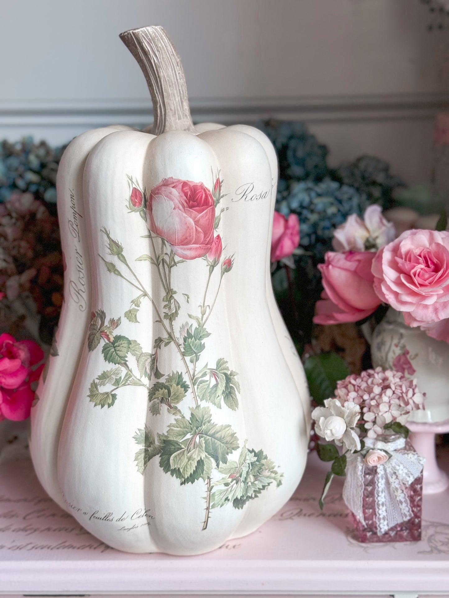 Bespoke Redoute Roses Pink and Cream Autumn Gourd Pumpkin