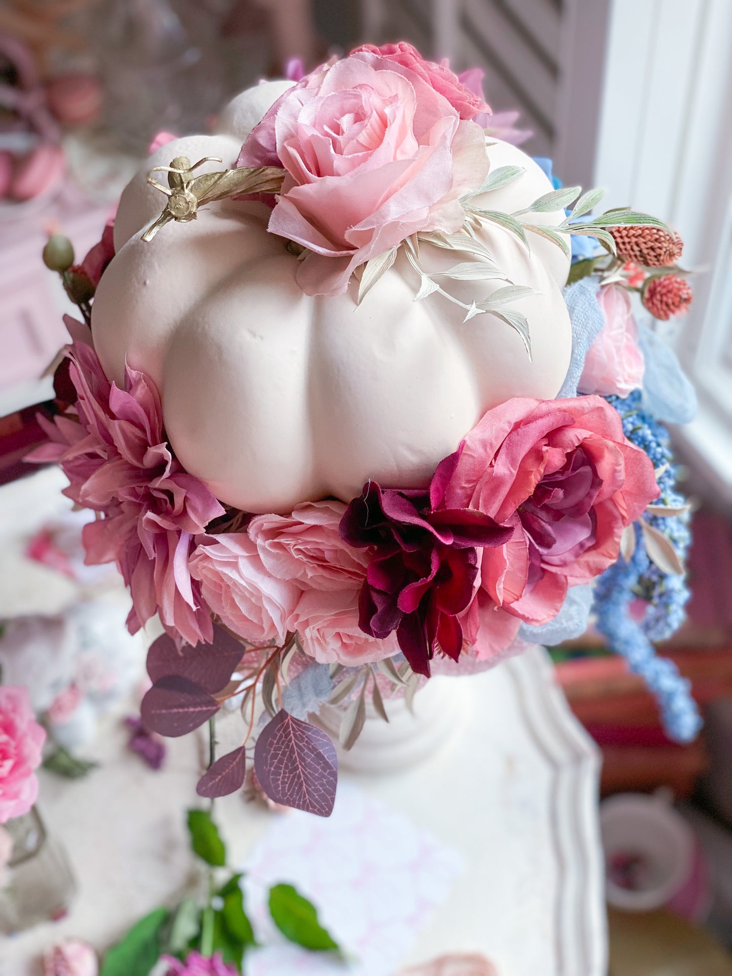 Bespoke Upcycled Pastel Cream, Pink and Blue Glam Glitter Pumpkin Topiary