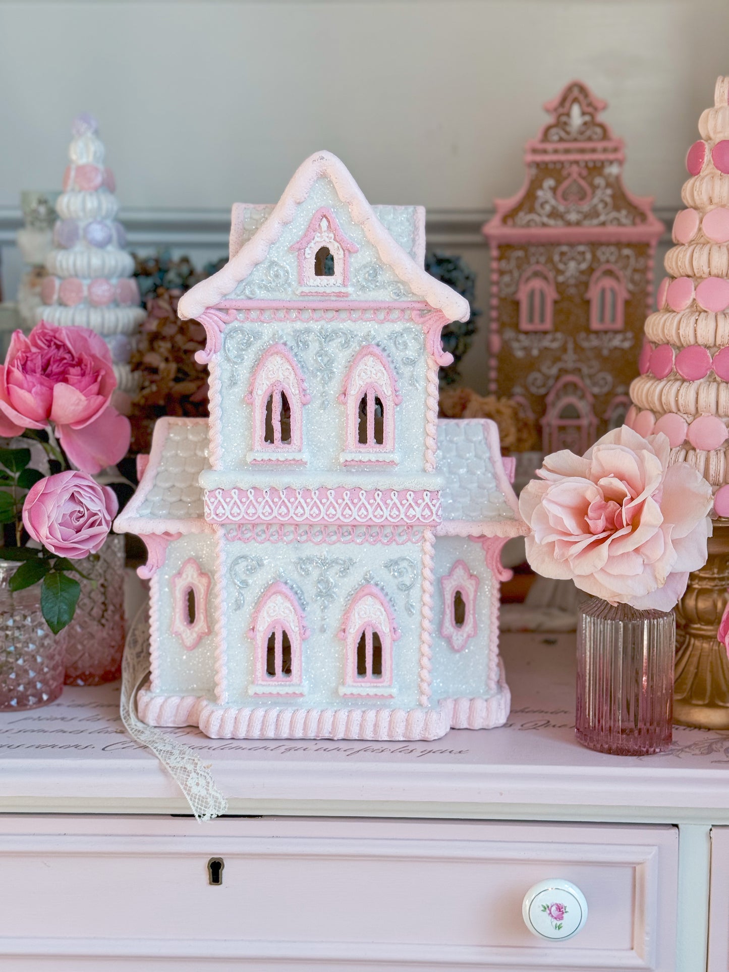 GLOW-UP COMMISSION: Bespoke Pastel Pink and White Hand Painted Two-Story Victorian Gingerbread House