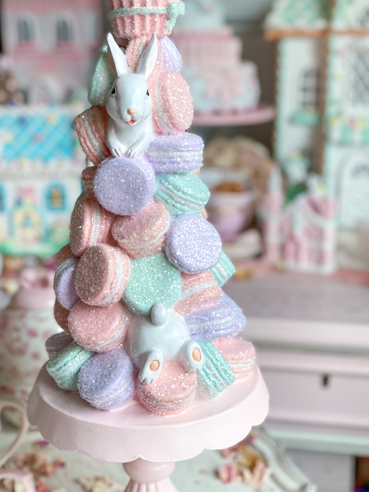 Bespoke Pastel Pink, Purple & Mint Green Bunny Macaron Tower on Blush Pink Pedestal Base