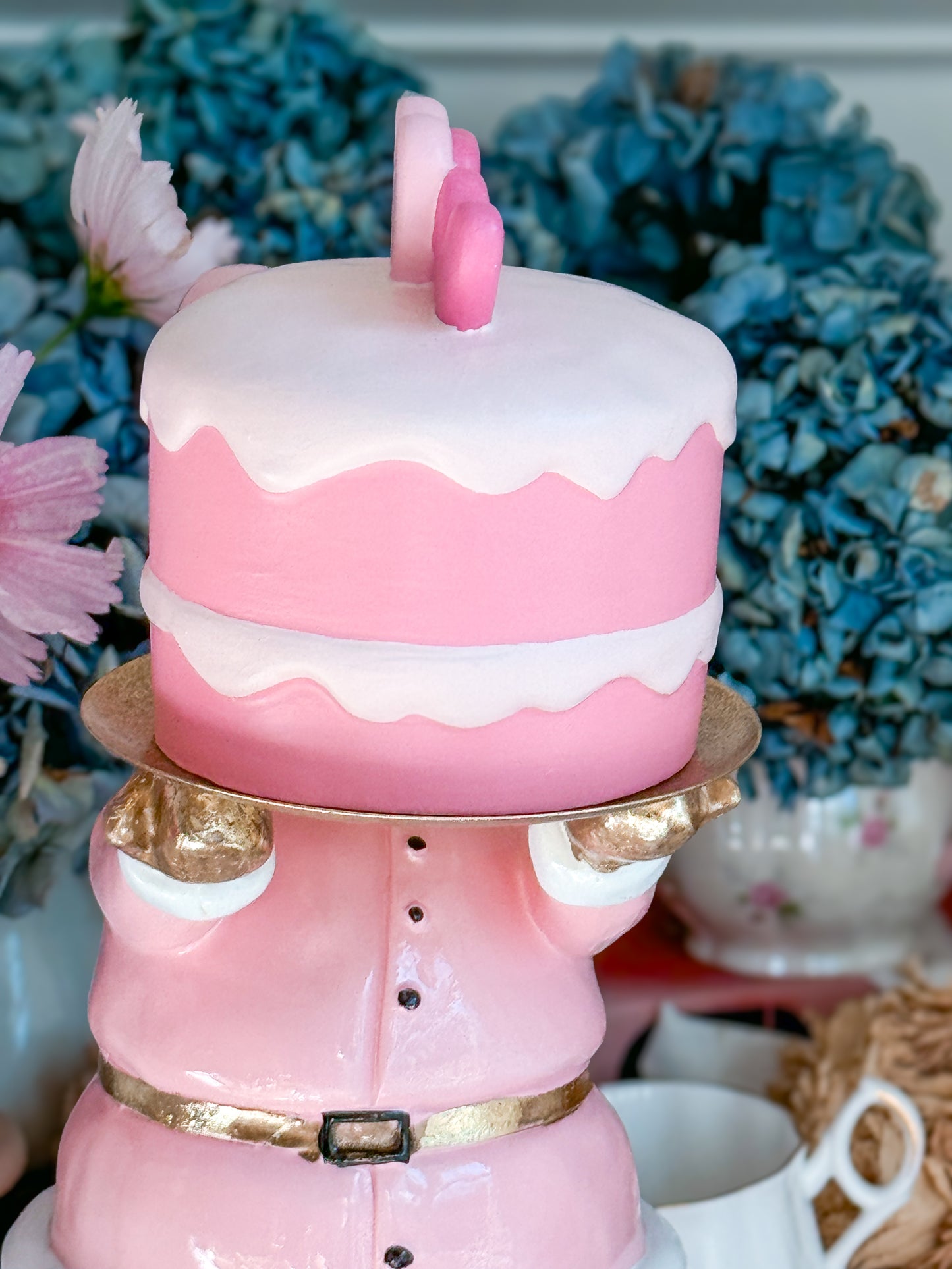 Pastel Pink and gold Santa Cake stand with hand painted ceramic mini cake