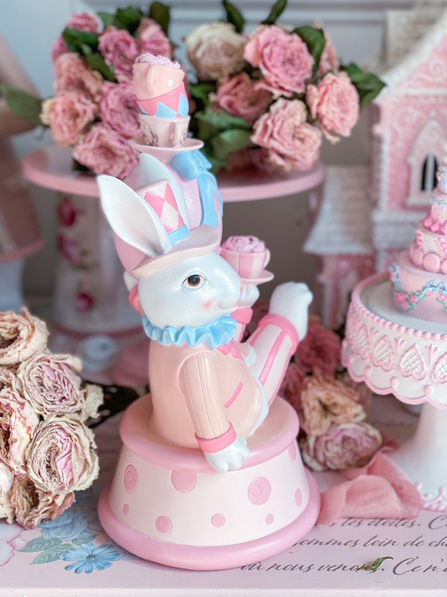 GLOW-UP COMMISSION: Bespoke Pastel Pink and Blue Mad Hatter Style Easter Bunny Balancing egg and Teacups Hand Painted
