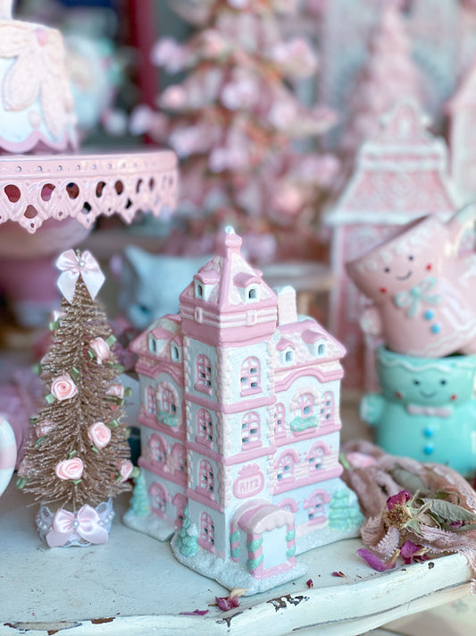 Bespoke Pastel Pink and White Petite Christmas Village Ritz Hotel