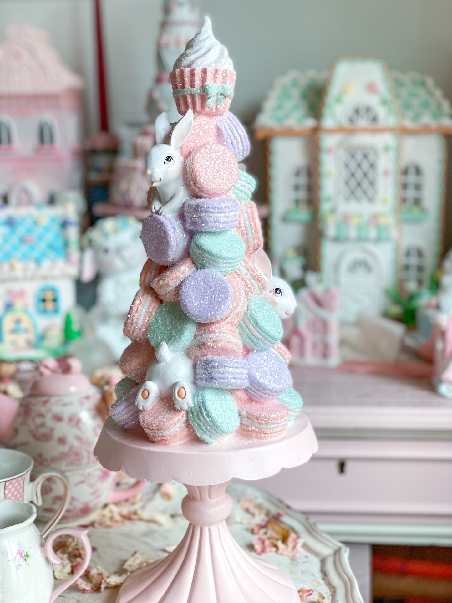 Bespoke Pastel Pink, Purple & Mint Green Bunny Macaron Tower on Blush Pink Pedestal Base