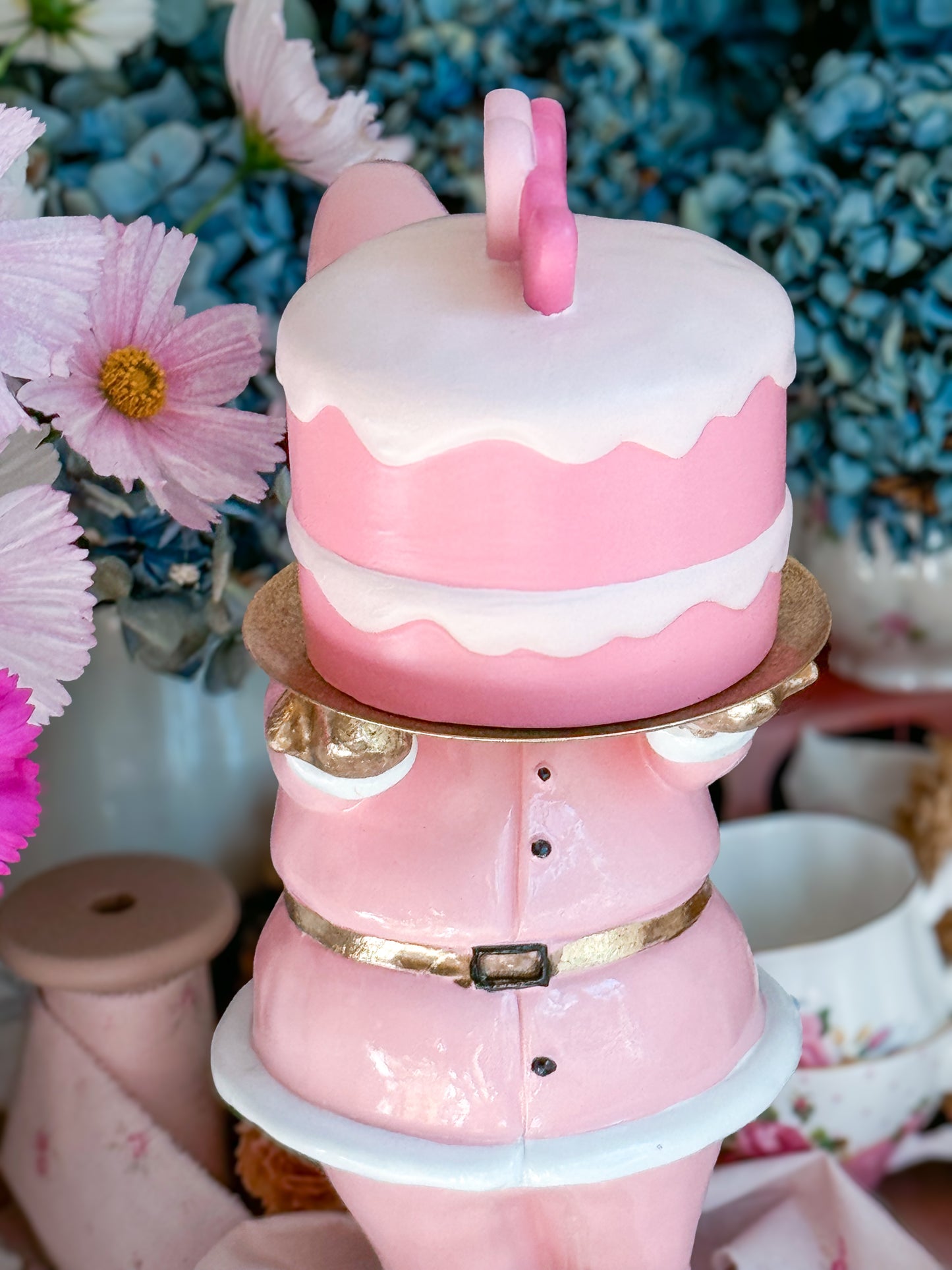 Pastel Pink and gold Santa Cake stand with hand painted ceramic mini cake