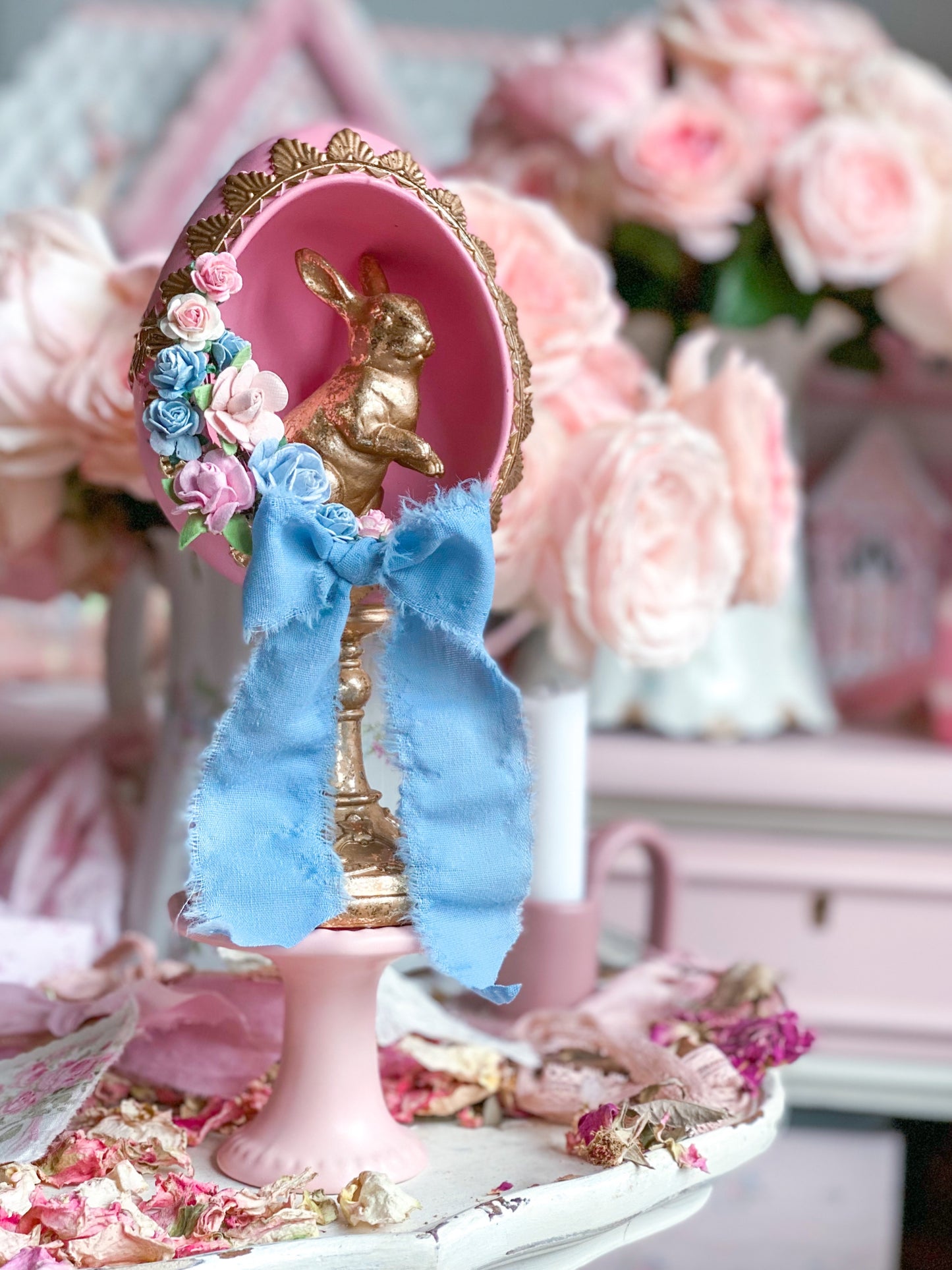 Bespoke Pastel Pink, Blue and Gold Shabby Chic Egg Finial with Easter Bunny