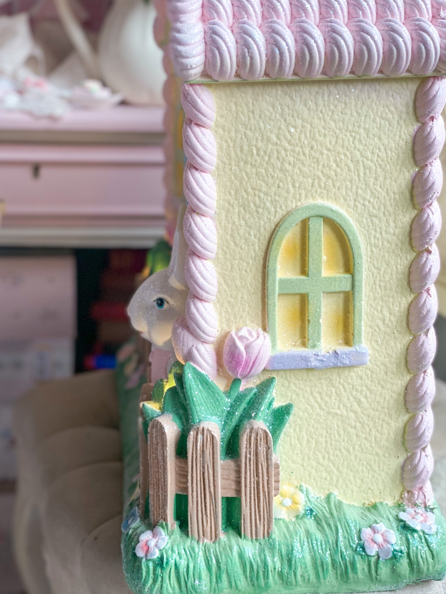 Large Pastel Pink and Yellow LED Light up Cookie House with Easter Bunny and Flowers