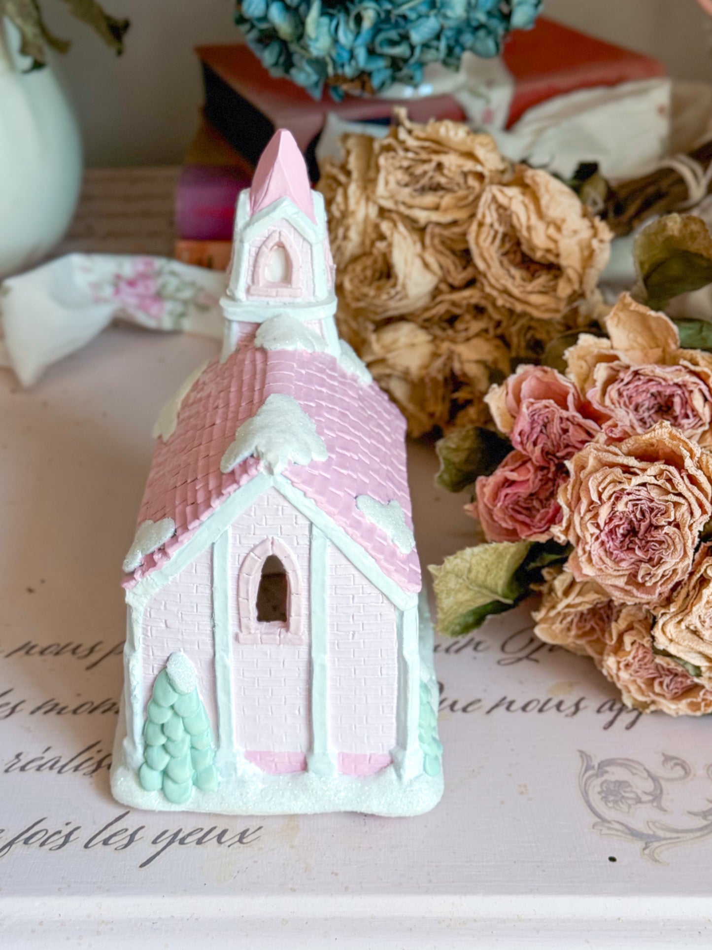 Bespoke Hand Painted Pastel Pink & Blue Christmas Village Church