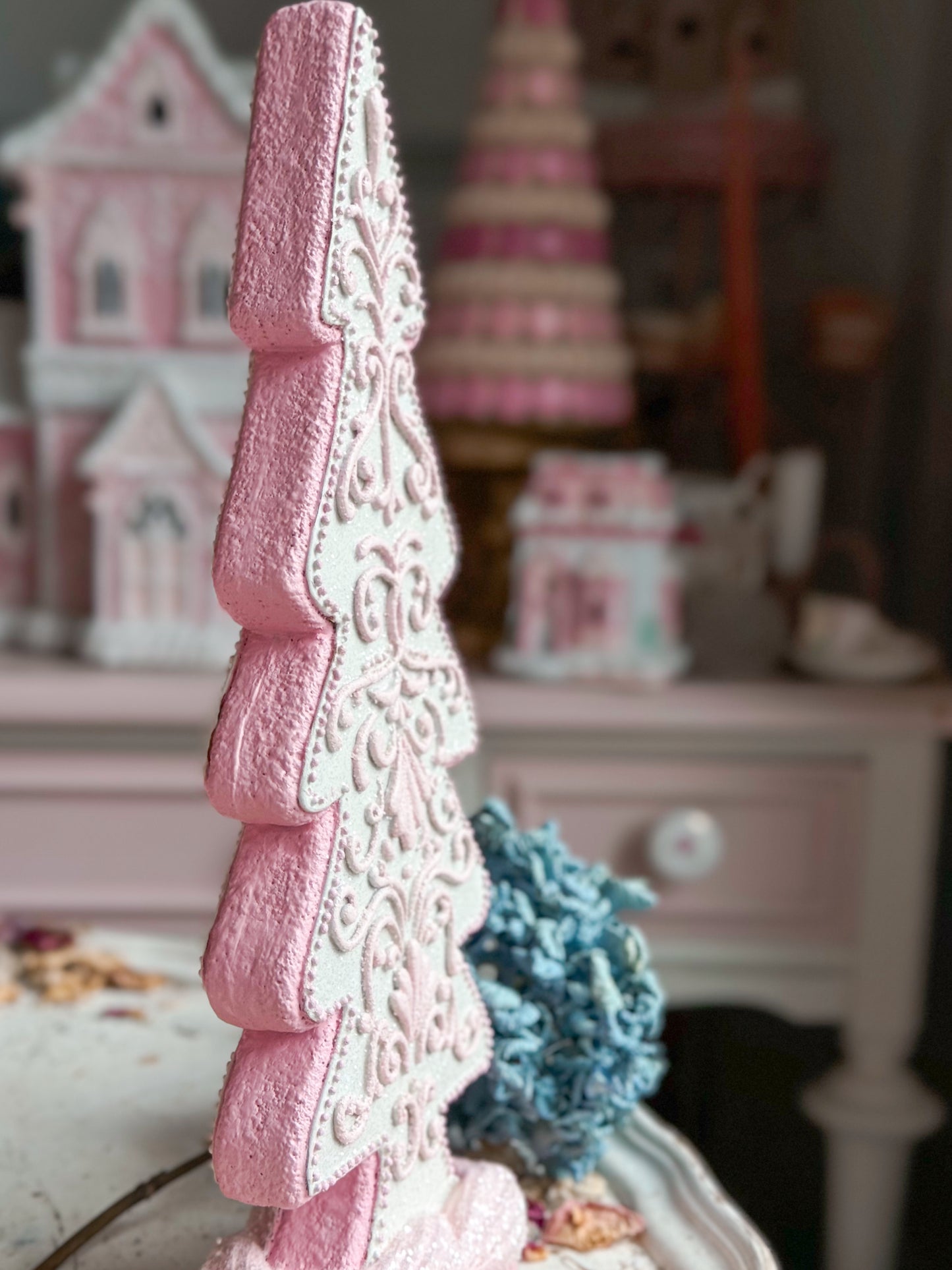 Bespoke Hand Painted Pastel Pink & White Gingerbread Cookie Christmas Tree