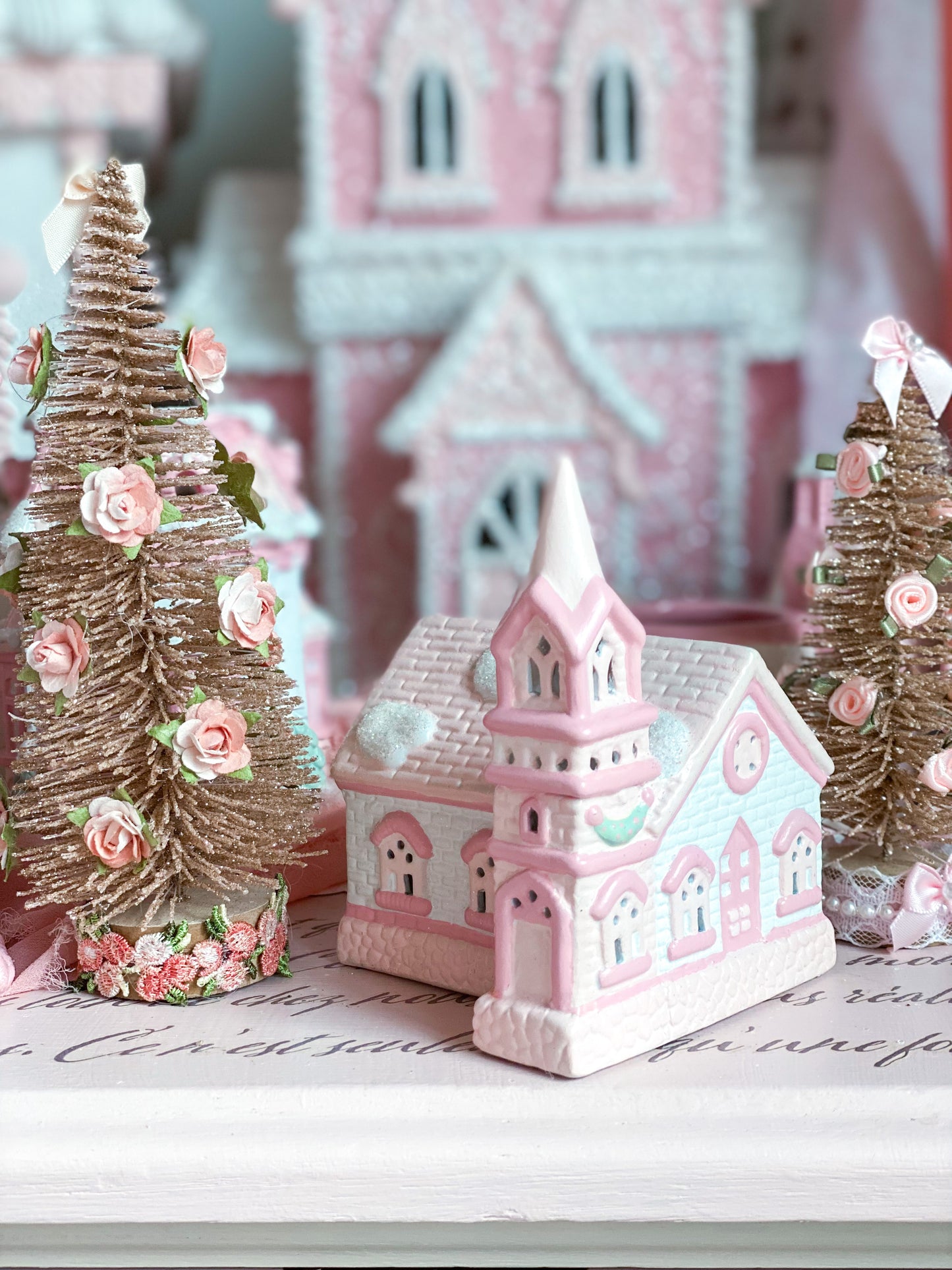 Bespoke Pastel Pink and White Petite Christmas Village Rural Chapel