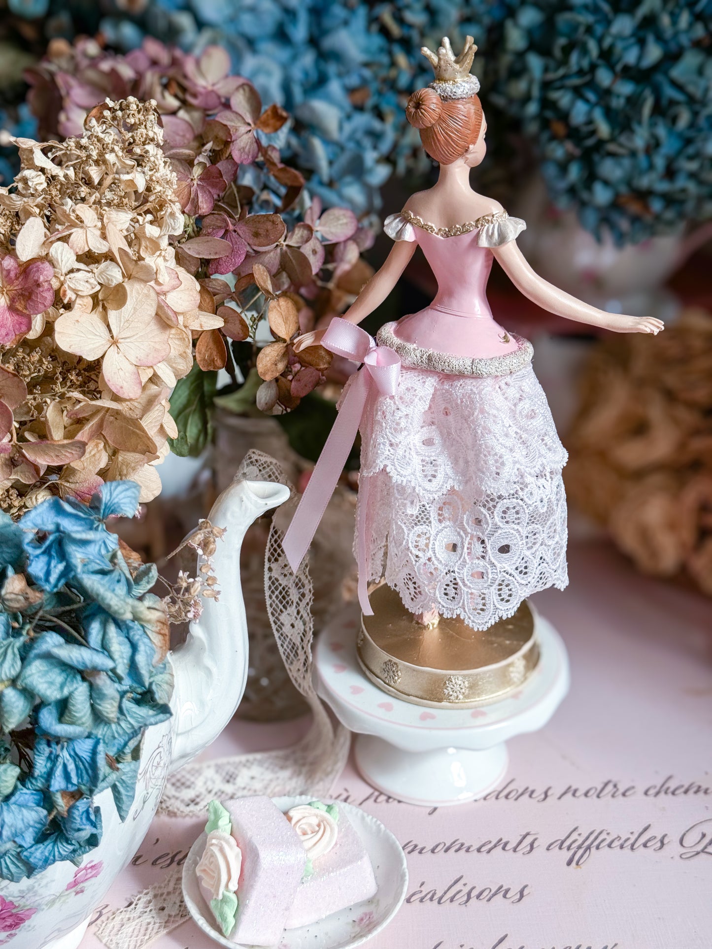 Bespoke Pink Ballerina Figurine with Handmade Tutu made of Luxurious Blush Lace