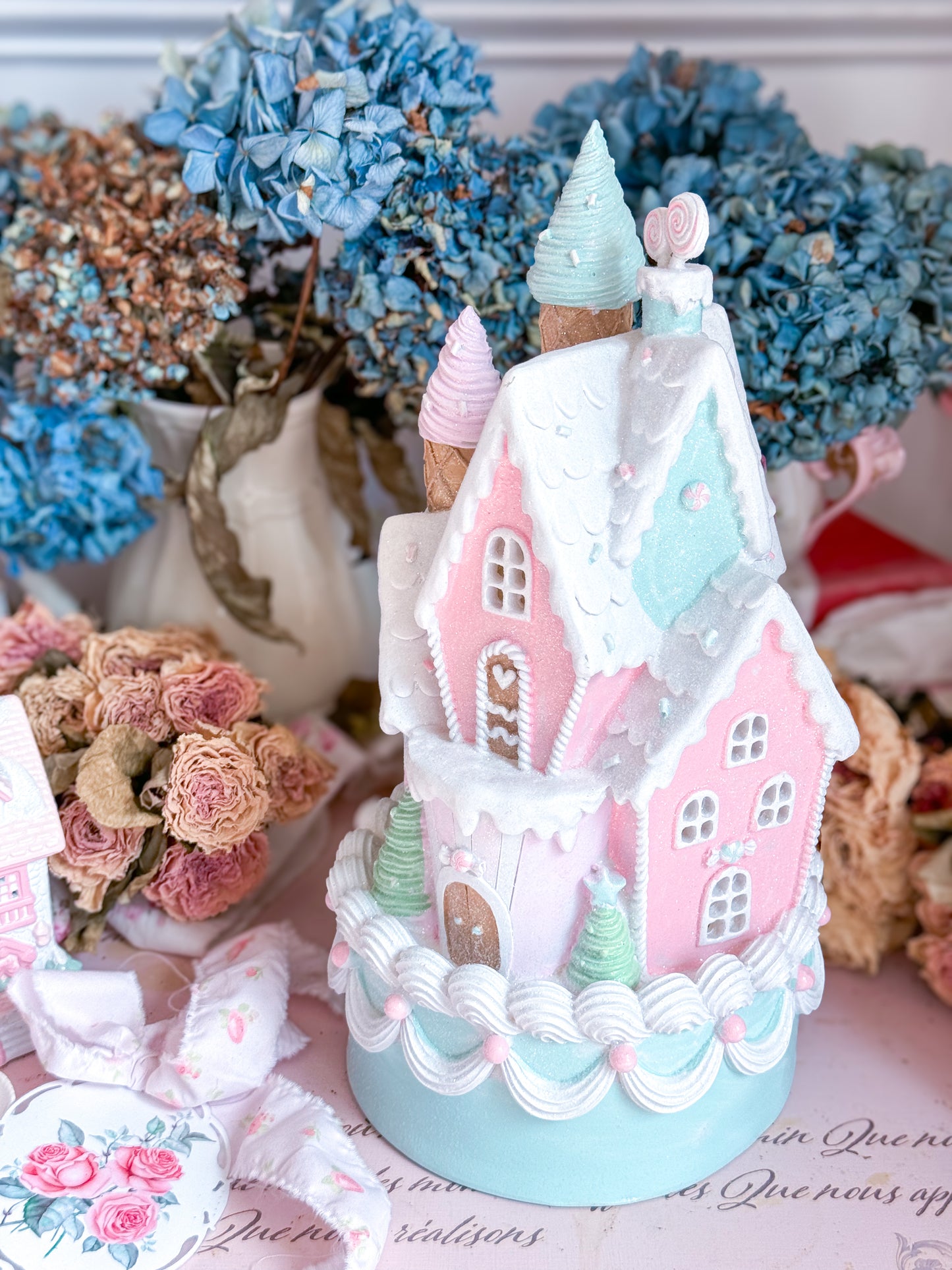 Pastel Pink, Blue and Purple LED light up Gingerbread Christmas Castle Cake