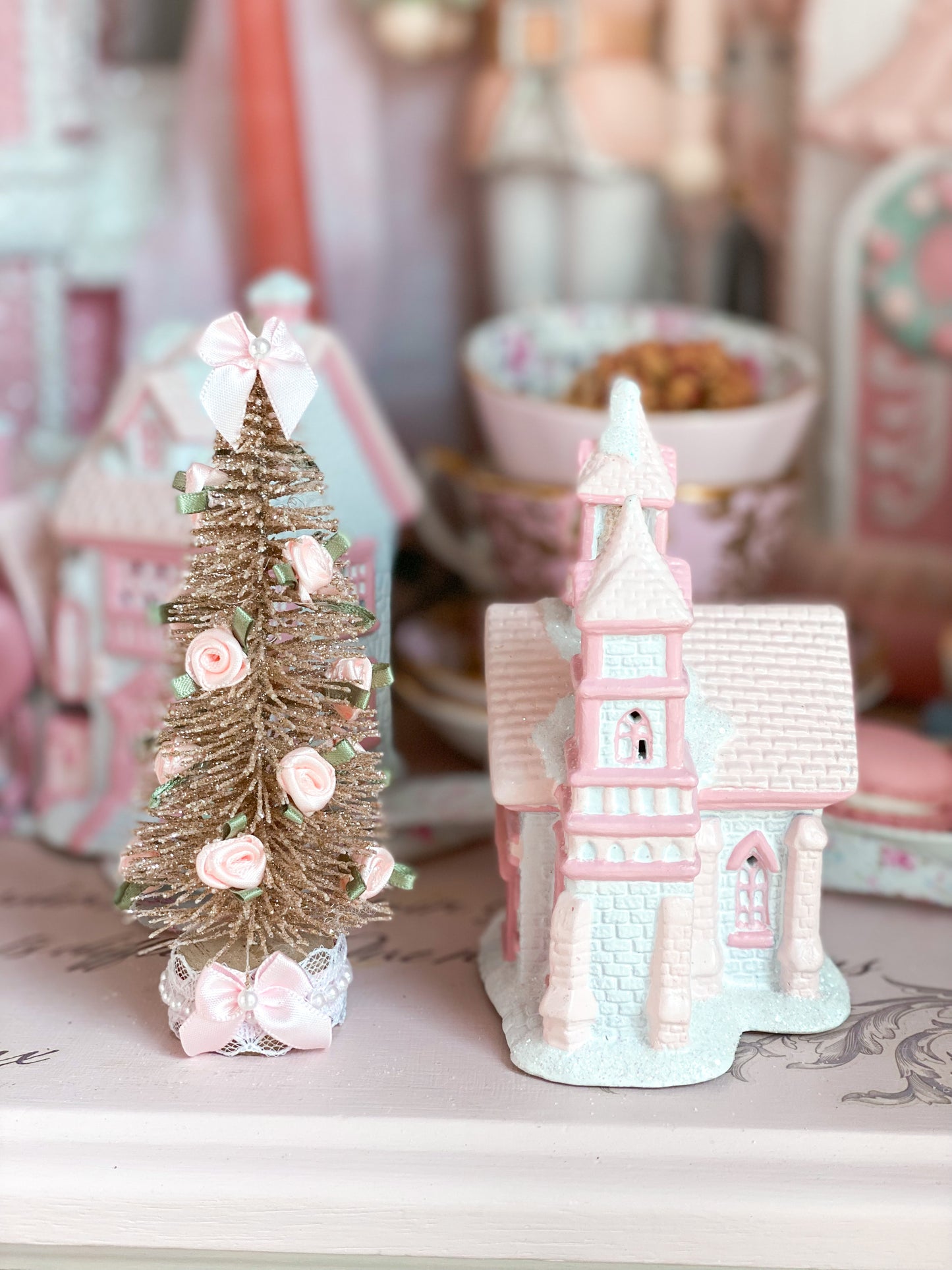 Bespoke Pastel Pink and White Petite Christmas Village Medieval Church