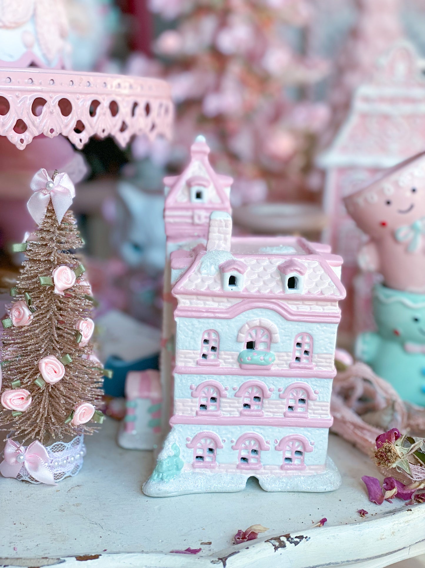 Bespoke Pastel Pink and White Petite Christmas Village Ritz Hotel