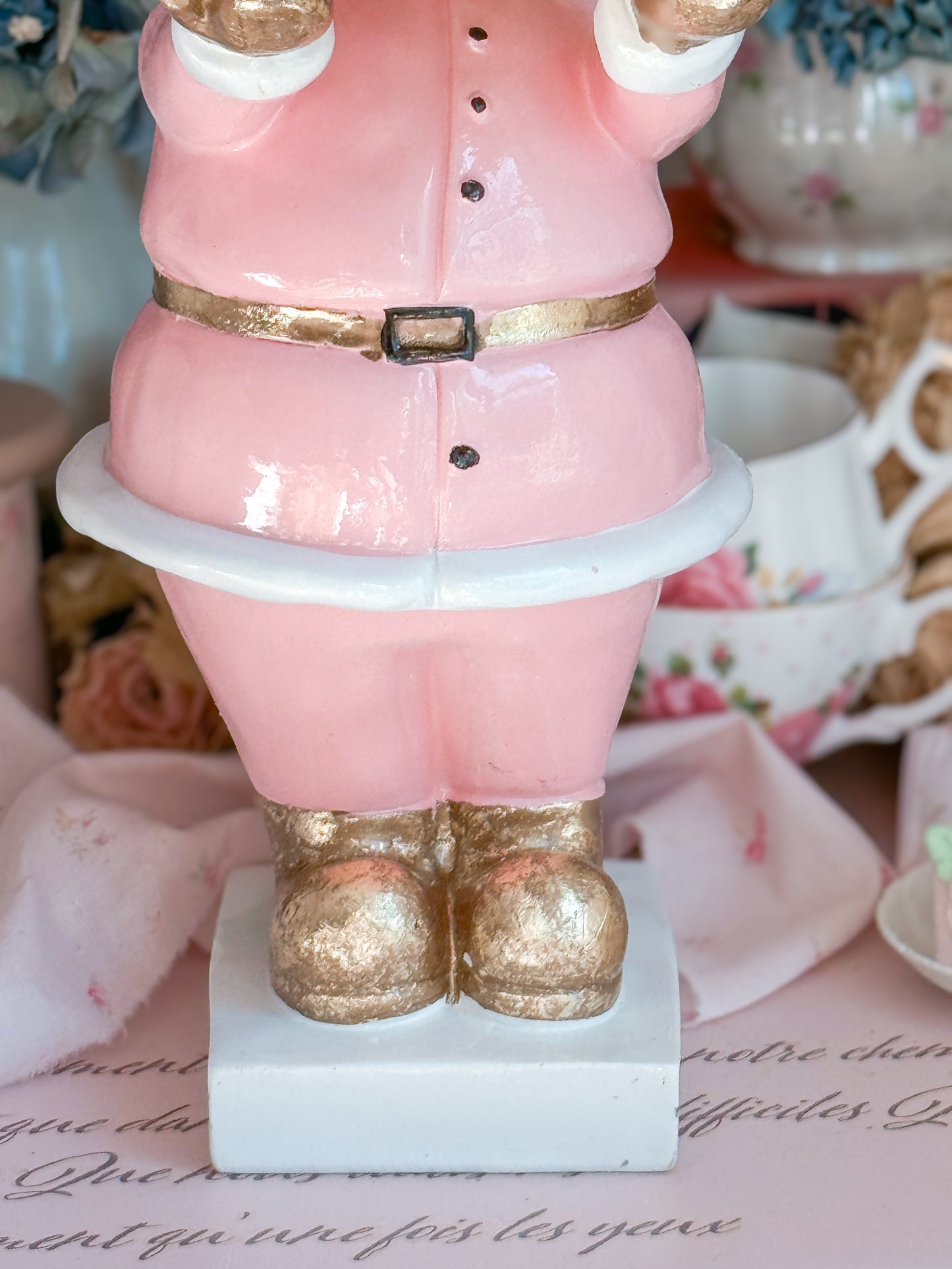 Pastel Pink and gold Santa Cake stand with hand painted ceramic mini cake