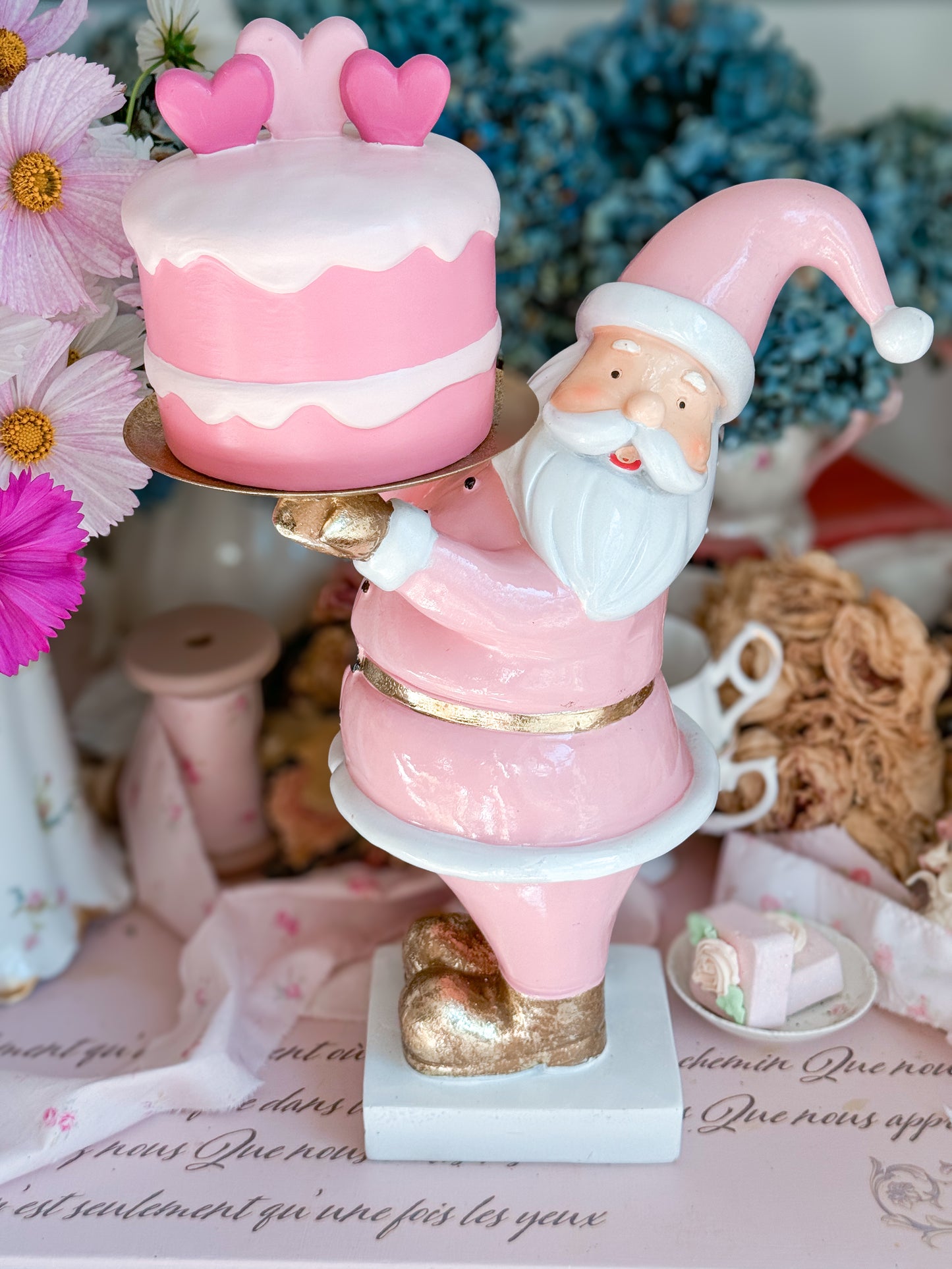 Pastel Pink and gold Santa Cake stand with hand painted ceramic mini cake