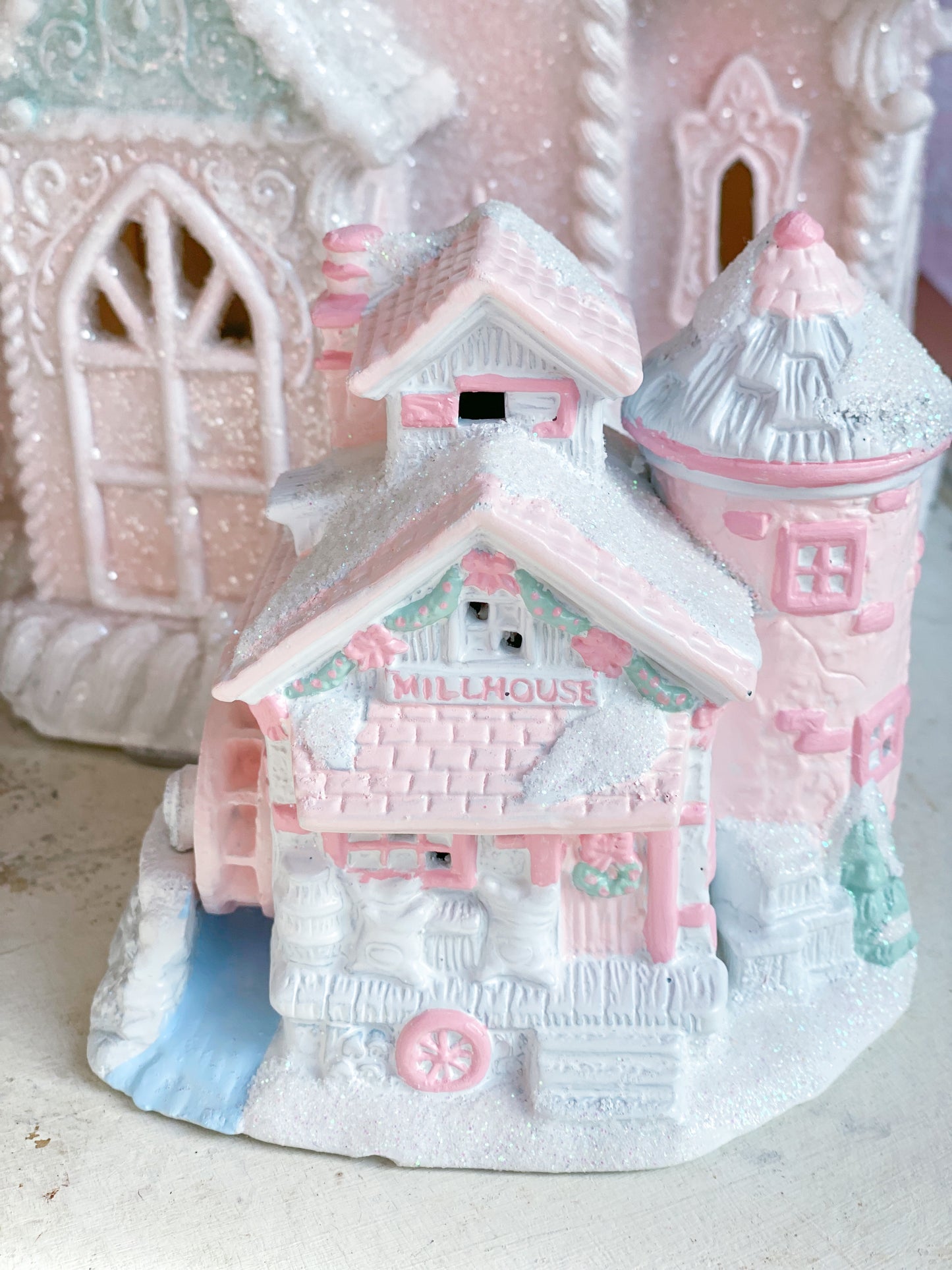 Bespoke Pink and White Petite Christmas Village Millhouse Pre-order