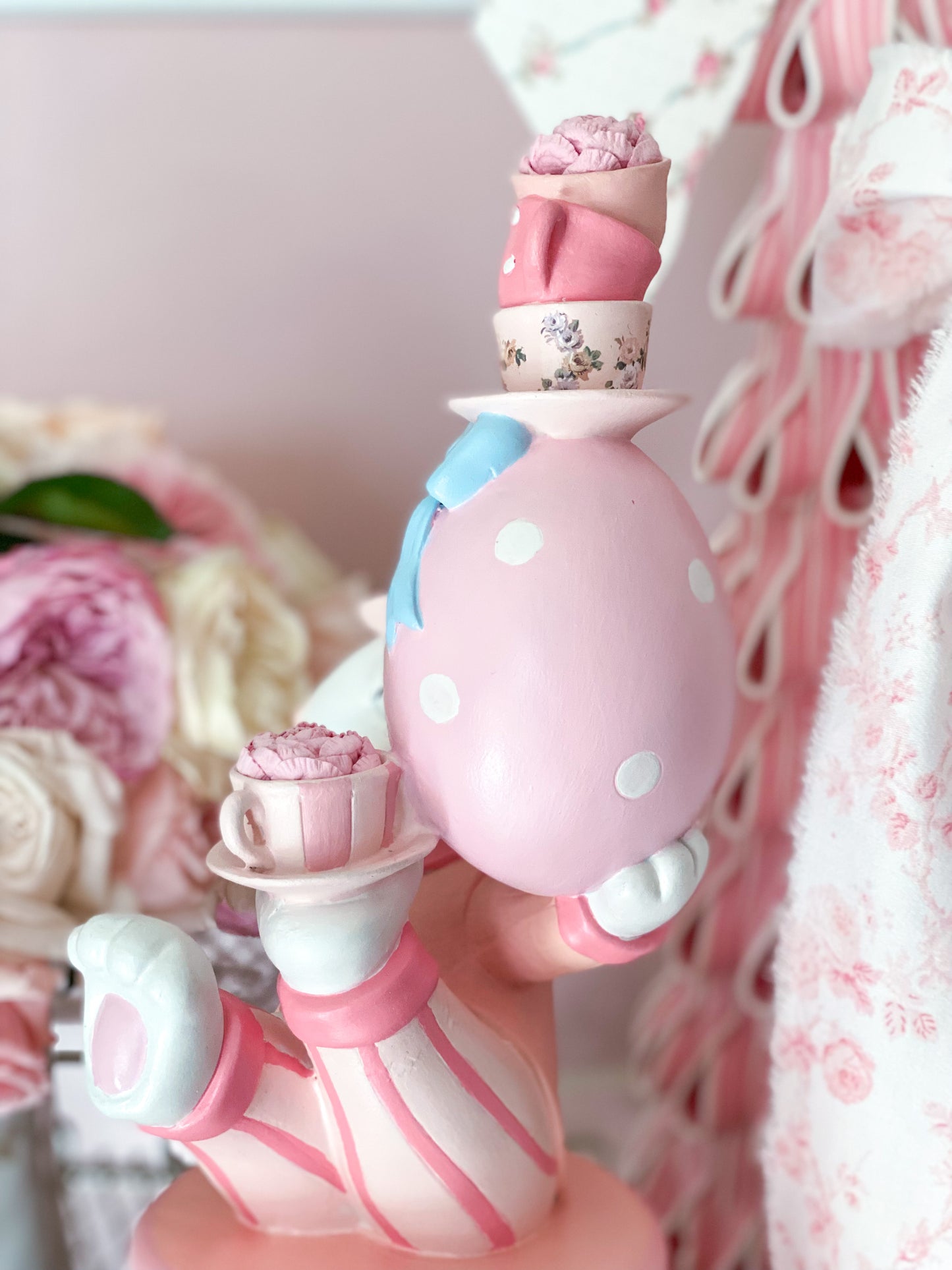 Bespoke Pastel Pink and Blue Mad Hatter Style Easter Bunny Balancing egg and Teacups Hand Painted