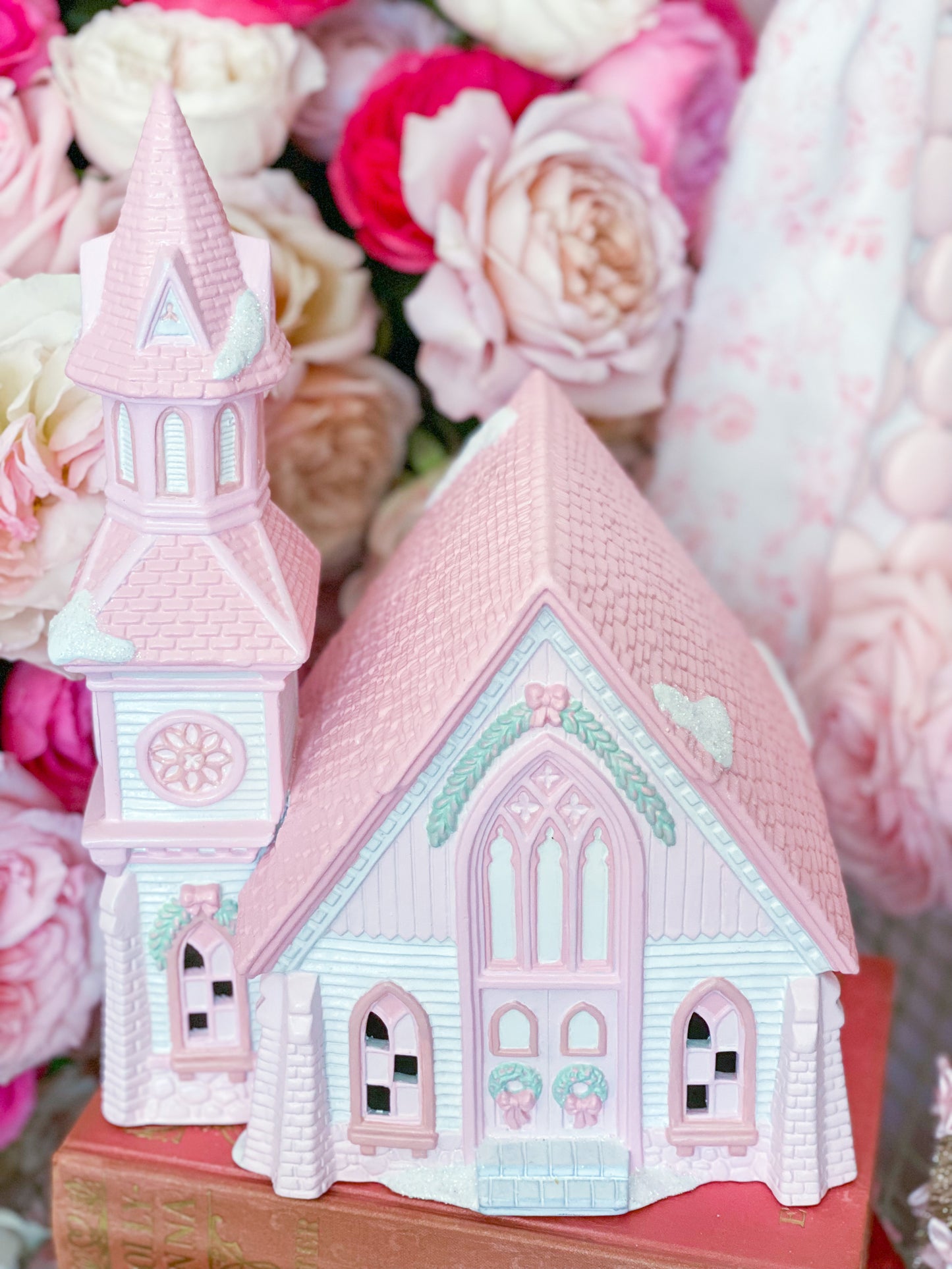 Bespoke Pastel Pink and White Hand Painted Easter or Christmas Village Church