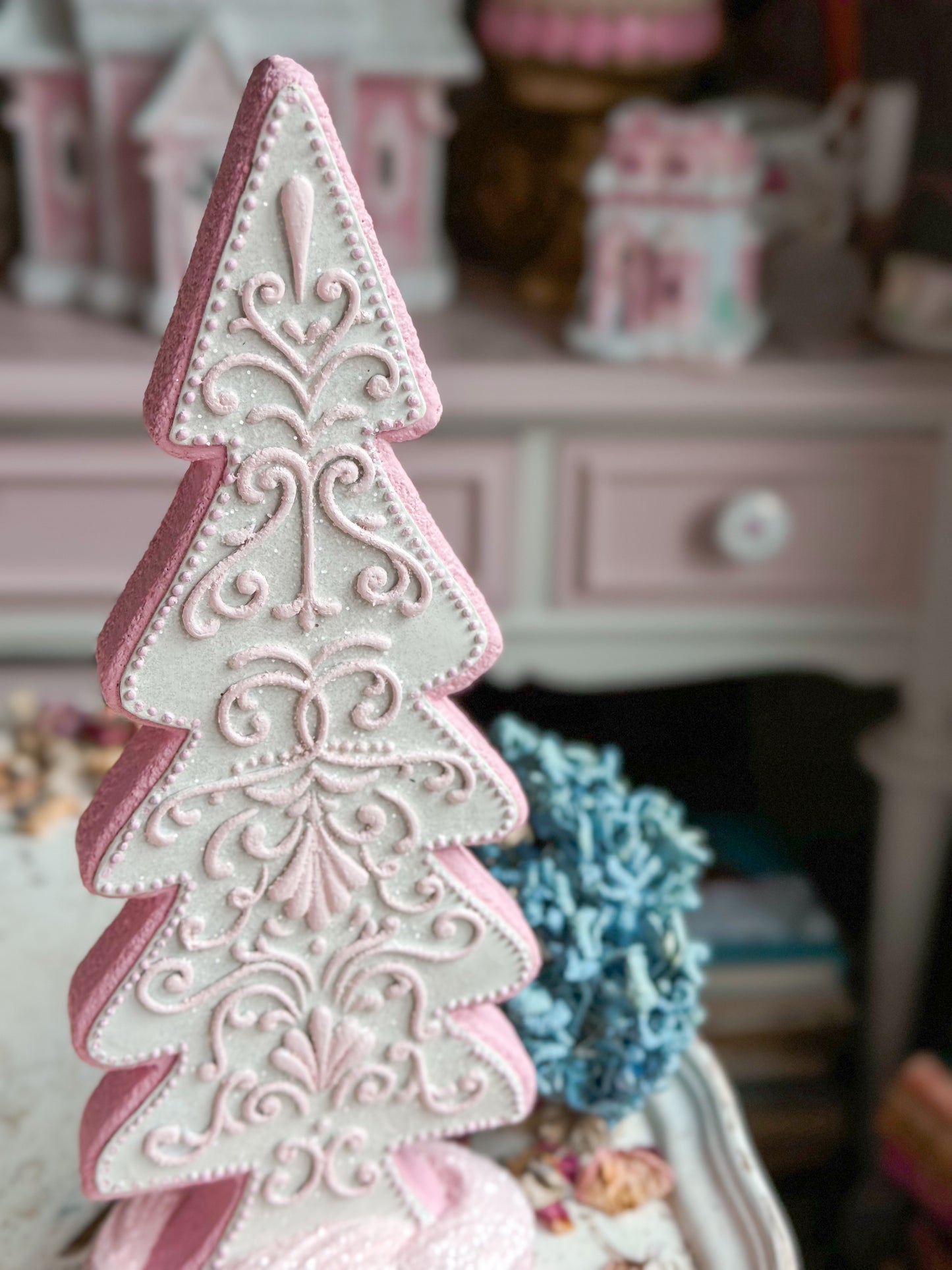 Bespoke Hand Painted Pastel Pink & White Gingerbread Cookie Christmas Tree