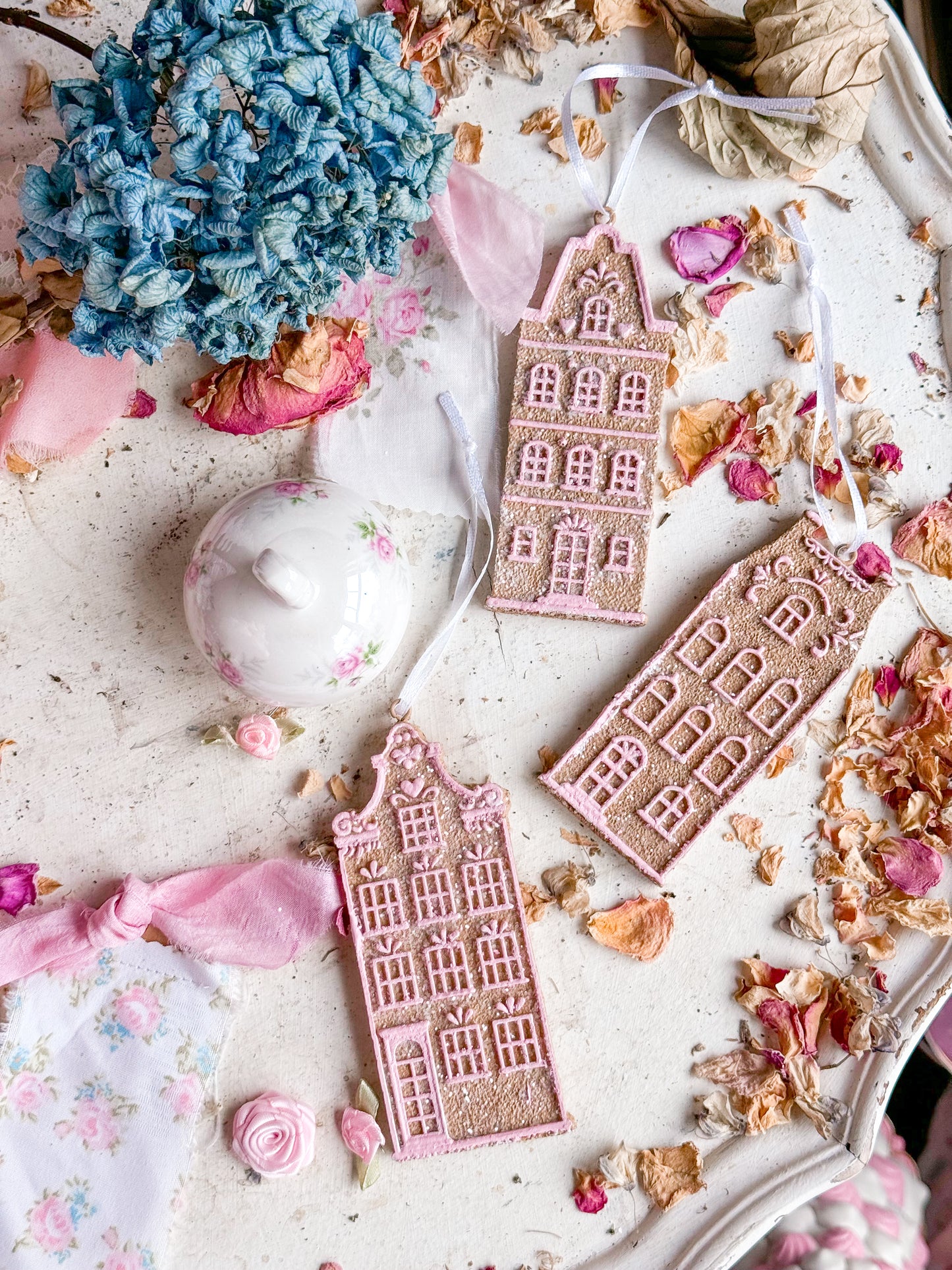 Bespoke Hand Painted Pink Gingerbread Townhouse Christmas Tree Ornaments