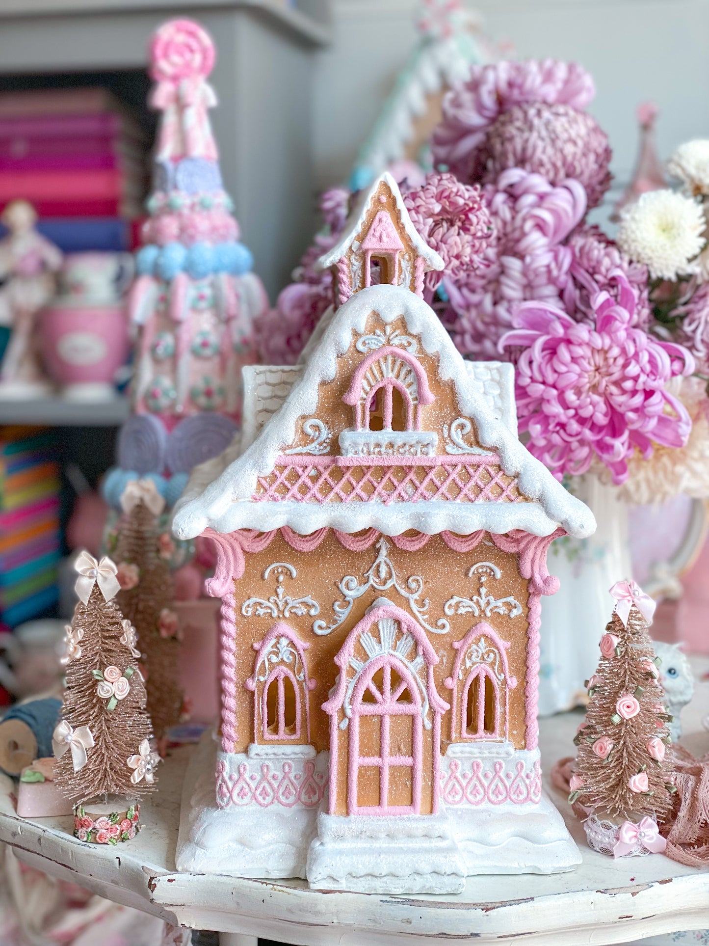 Bespoke Hand Painted LED light up Gingerbread House with Pink Details